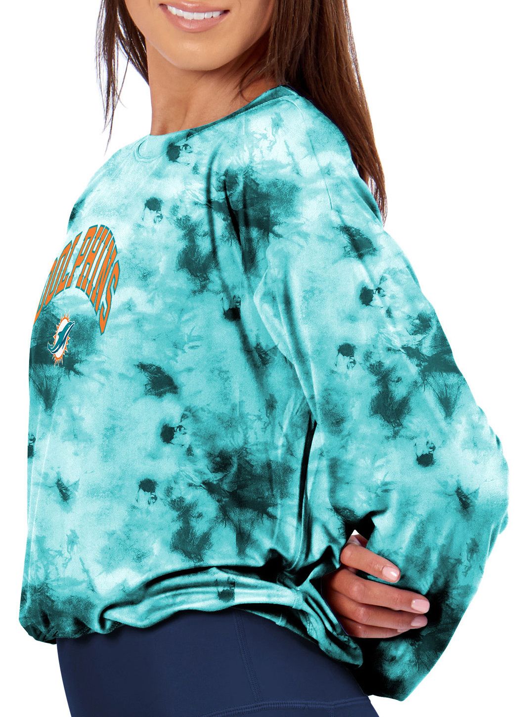 Certo Women's Miami Dolphins Blue Tie Dye Script Long Sleeve T-Shirt product image