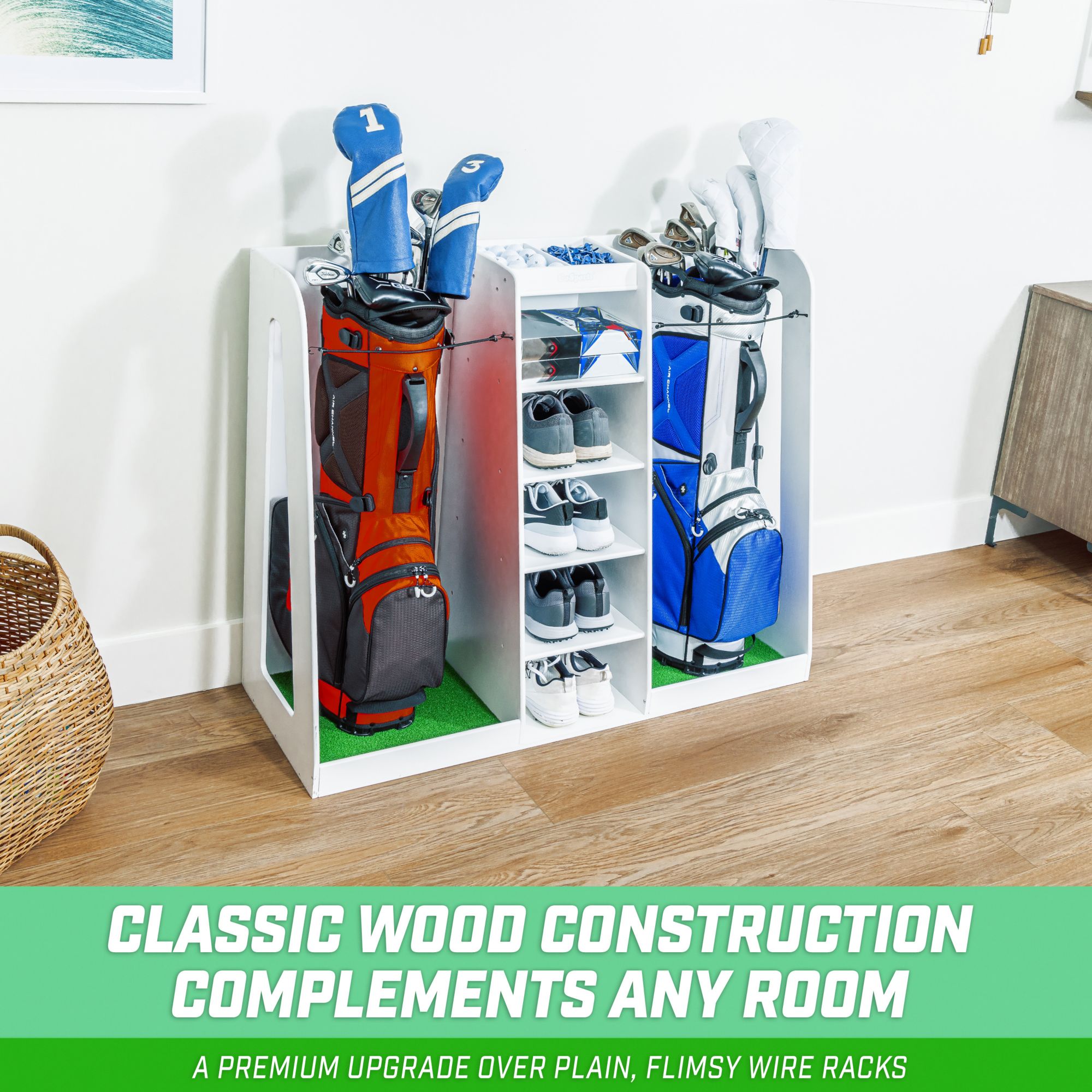 GoSports Premium Wooden Golf Bag Organizer & Storage Rack product image