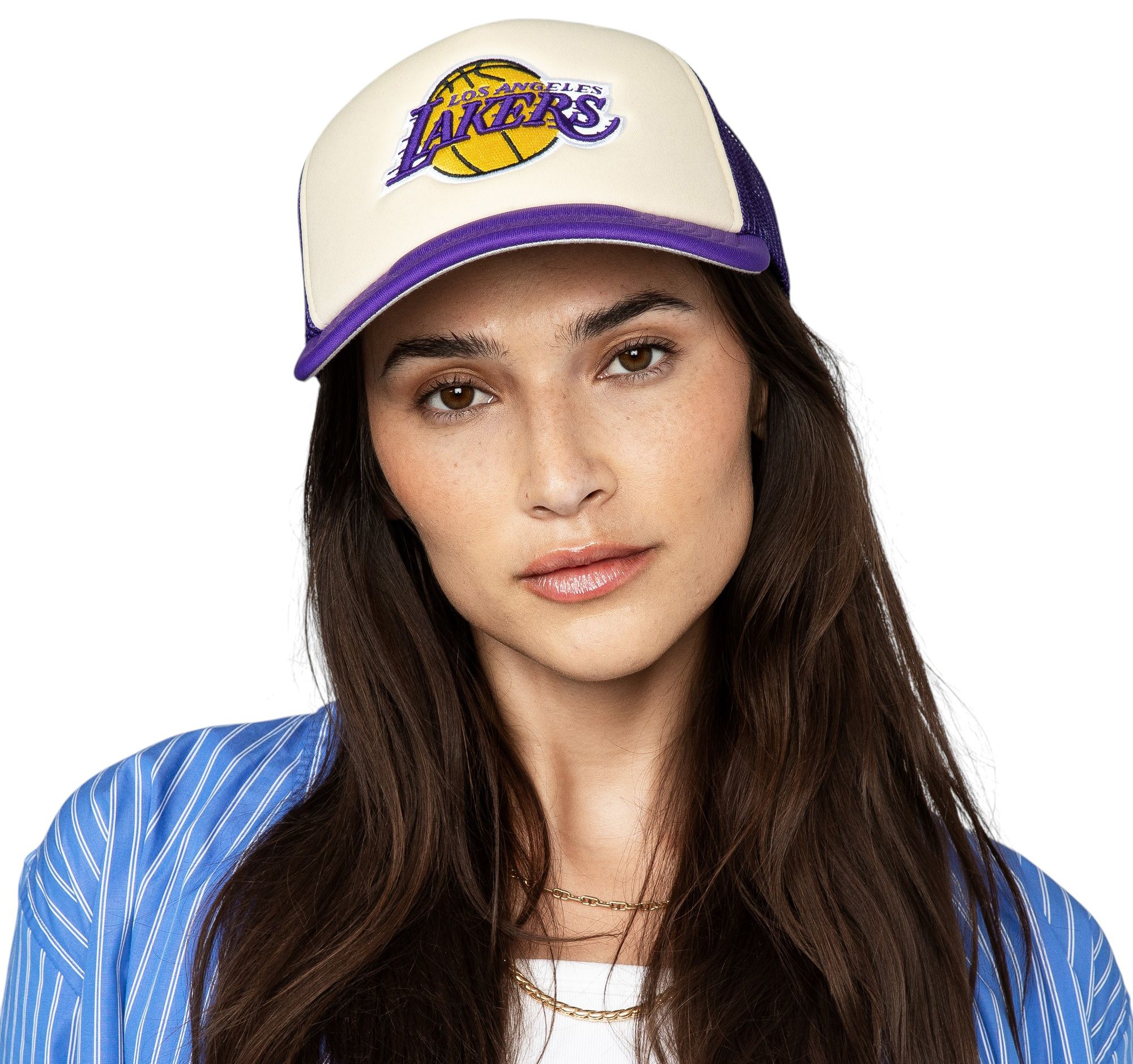 Mitchell & Ness Adult Los Angeles Lakers Off-White Vintage Block Foam Trucker Hat product image