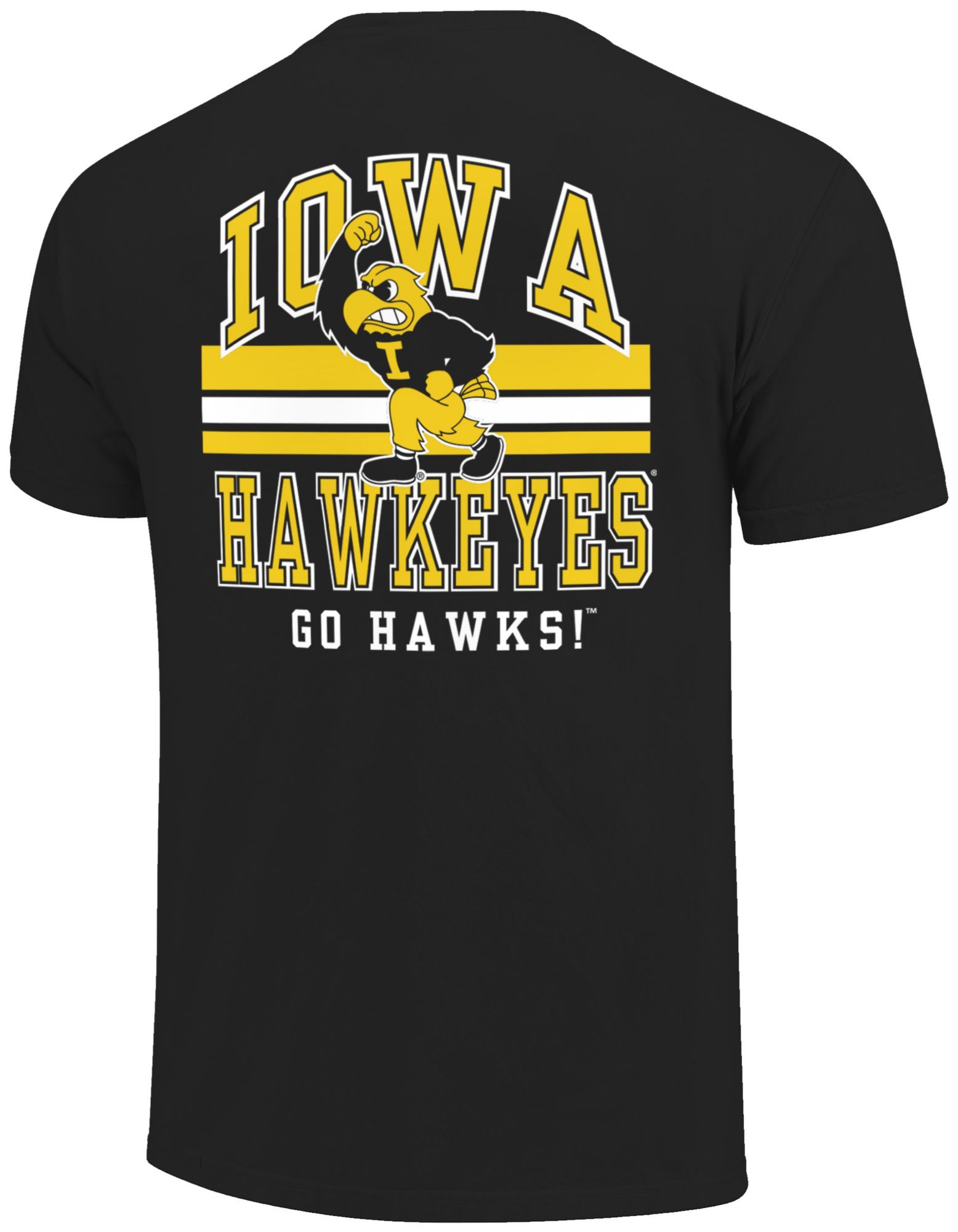 Image One Men's Iowa Hawkeyes Black Mascot Arched Short Sleeve T-Shirt product image