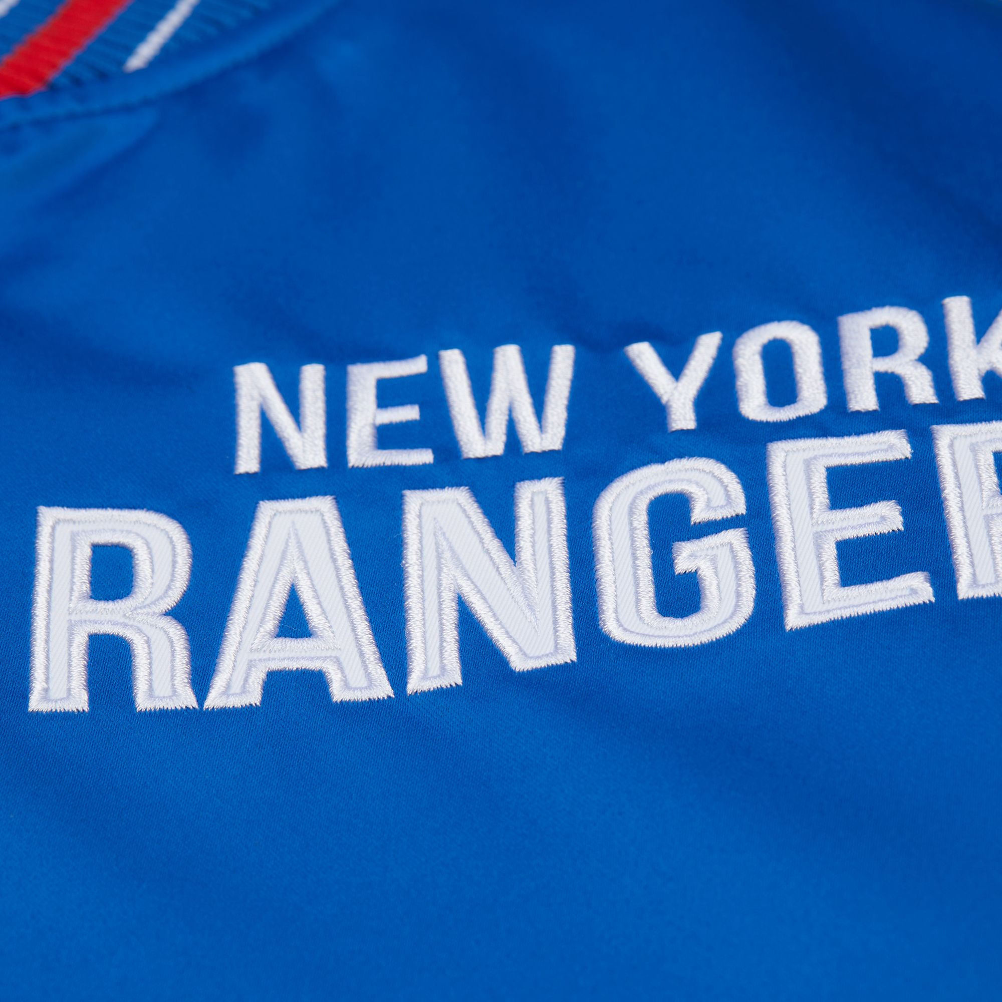 Mitchell & Ness Men's New York Rangers Blue 'Throw it Back' Heavyweight Satin Jacket product image