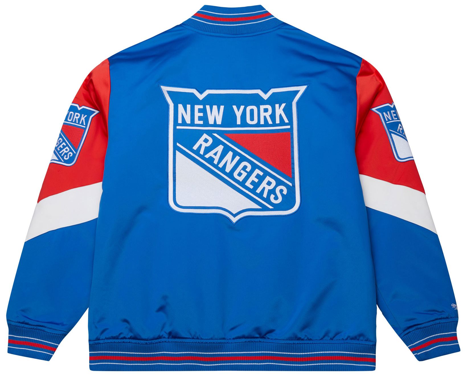 Mitchell & Ness Men's New York Rangers Blue 'Throw it Back' Heavyweight Satin Jacket product image