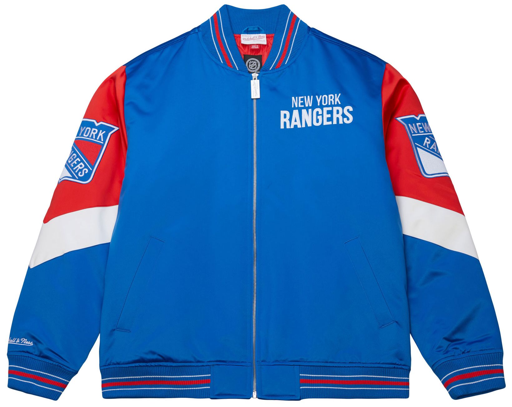 Mitchell & Ness Men's New York Rangers Blue 'Throw it Back' Heavyweight Satin Jacket product image