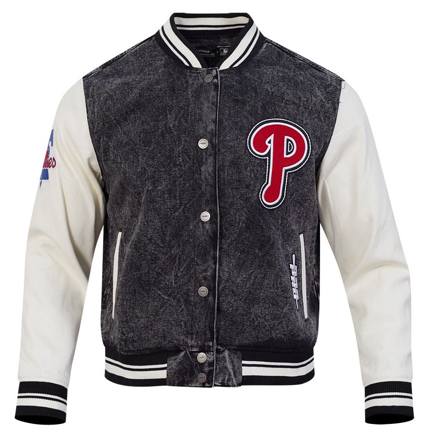 Pro Standard Men's Philadelphia Phillies Black Rebel Athletics Denim Varsity Jacket product image