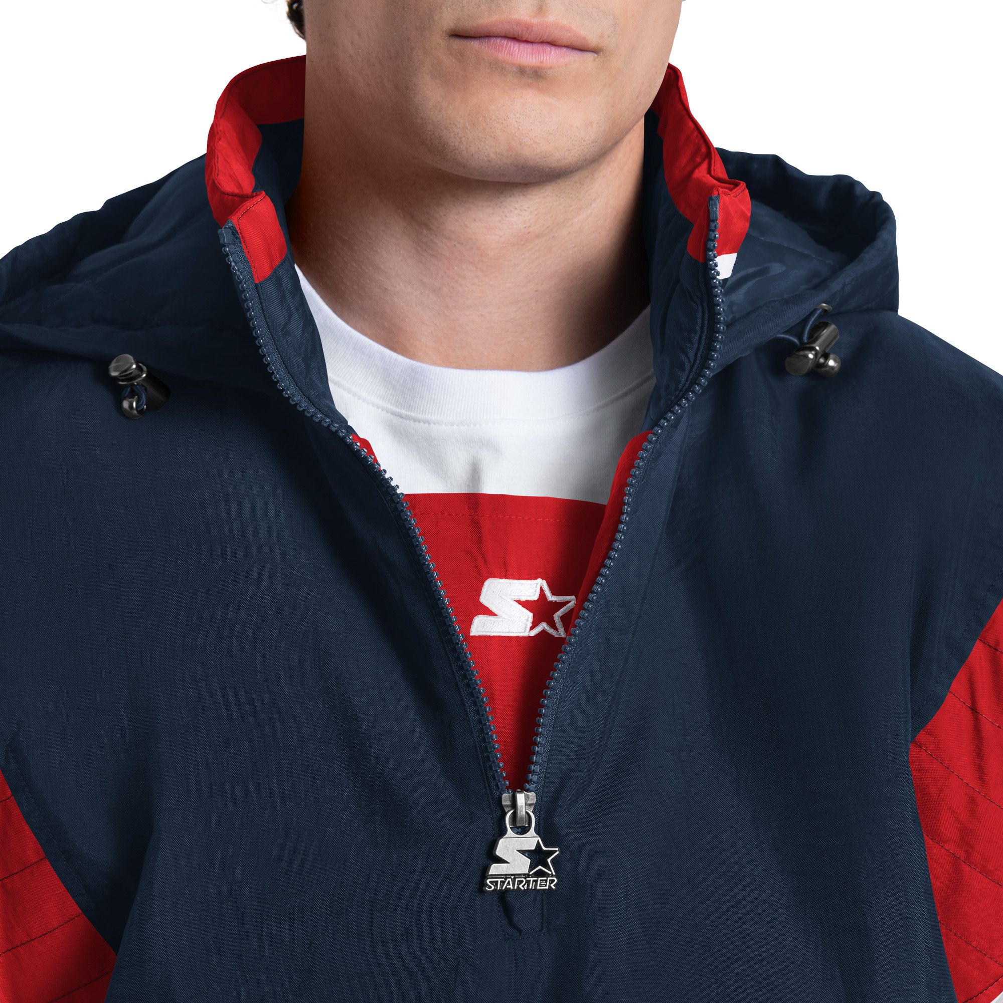 スターター Starter PATRIOTS NFL ロゴ刺繍 バック刺繍 中綿 Starter Men's New England Patriots Navy Throwback 1/2 Zip Jacket