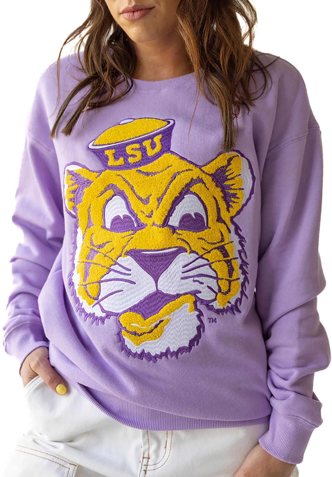 Gameday Social Women's LSU Tigers Lavender Chenille Mascot Crewneck Sweatshirt product image