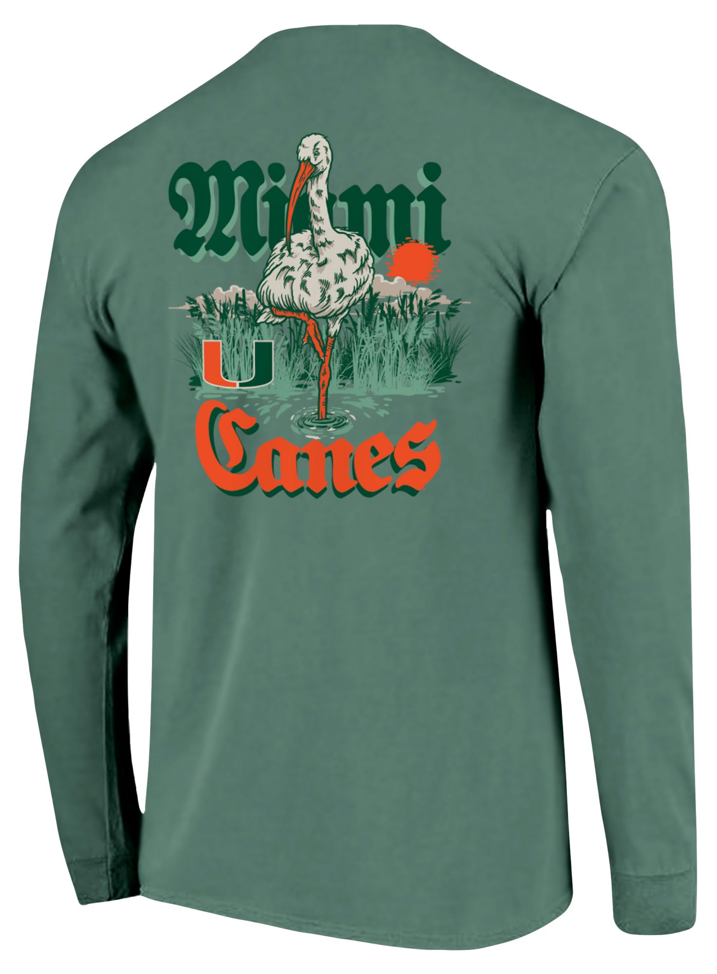 Image One Men's Miami (FL) Hurricanes Light Green Mascot Swamp Standing Long Sleeve T-Shirt product image