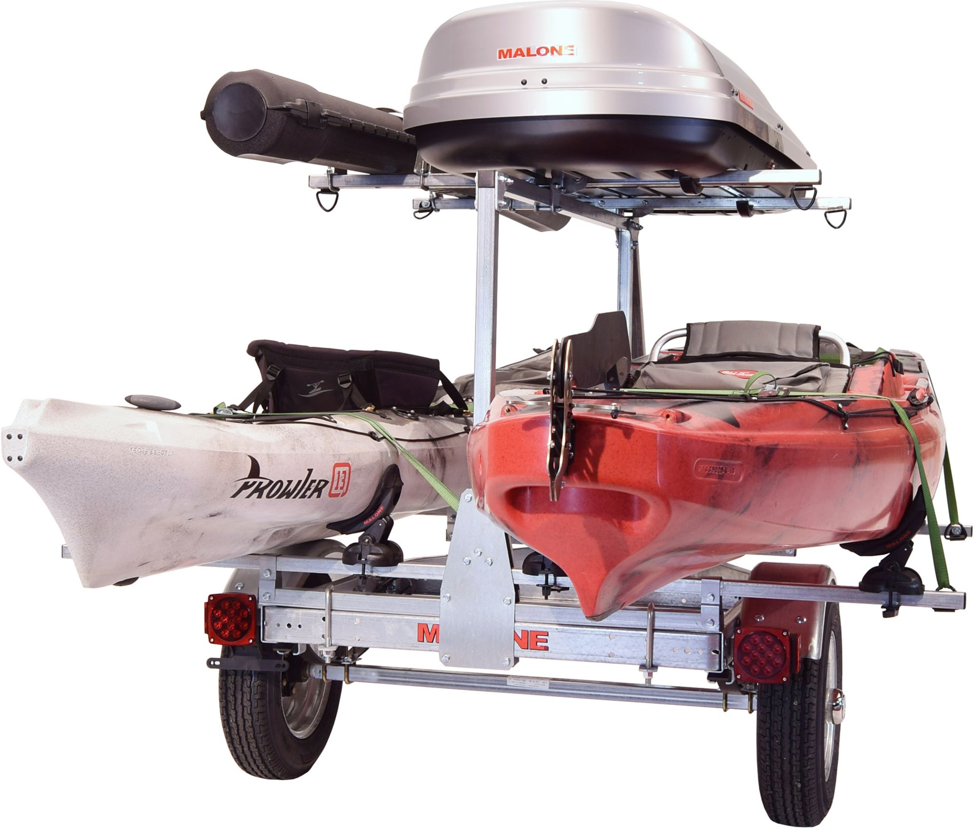 Malone Auto Racks MicroSport LowBed Trailer with Tier, Spare, 2 sets SaddleUp, Cargo Box, and Rod Tube product image