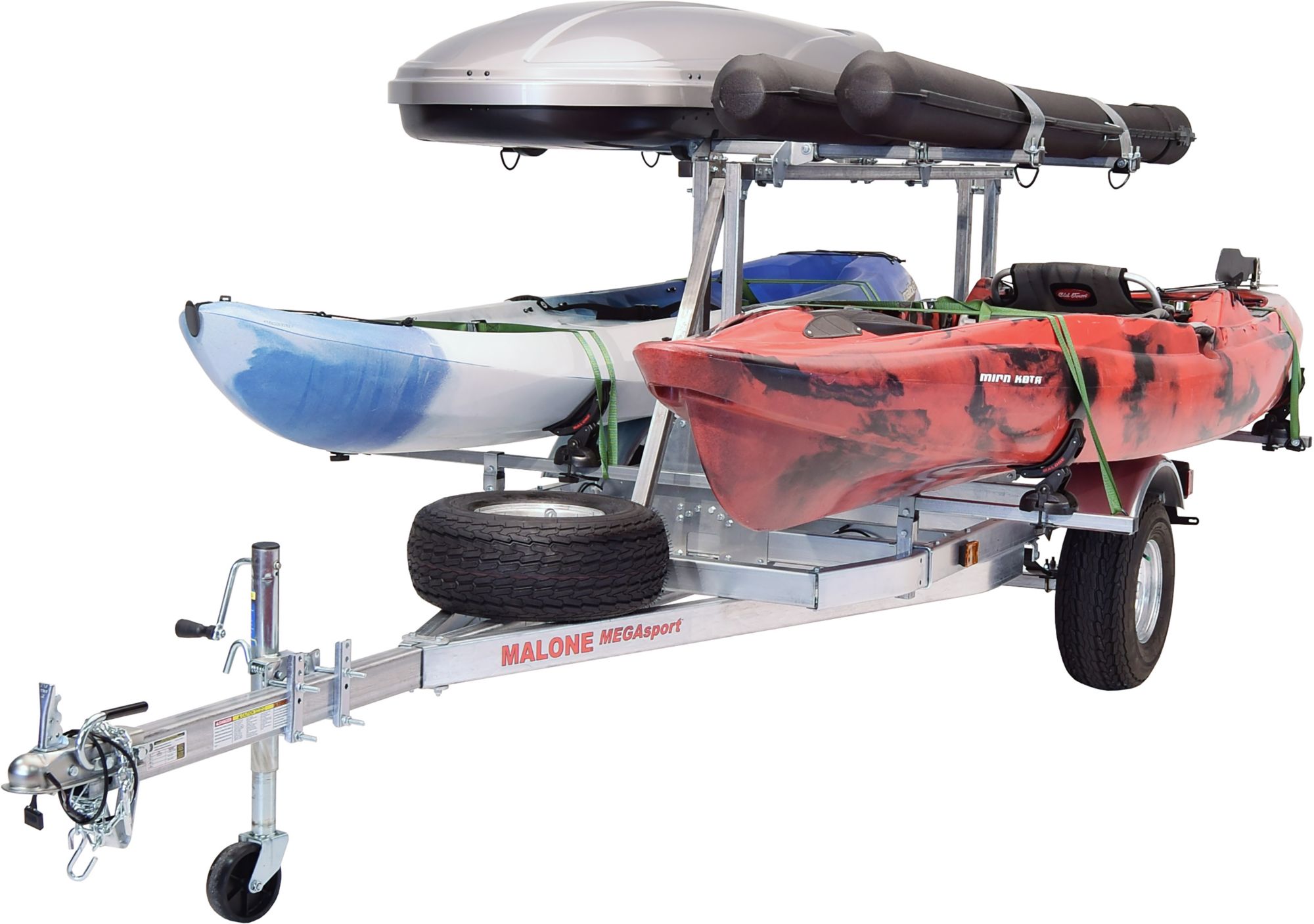 Malone Auto Racks MegaSport LowBed Kayak Trailer with Tier, Spare, 2 sets SaddleUp, Cargo Box, and 2 Rod Tubes product image