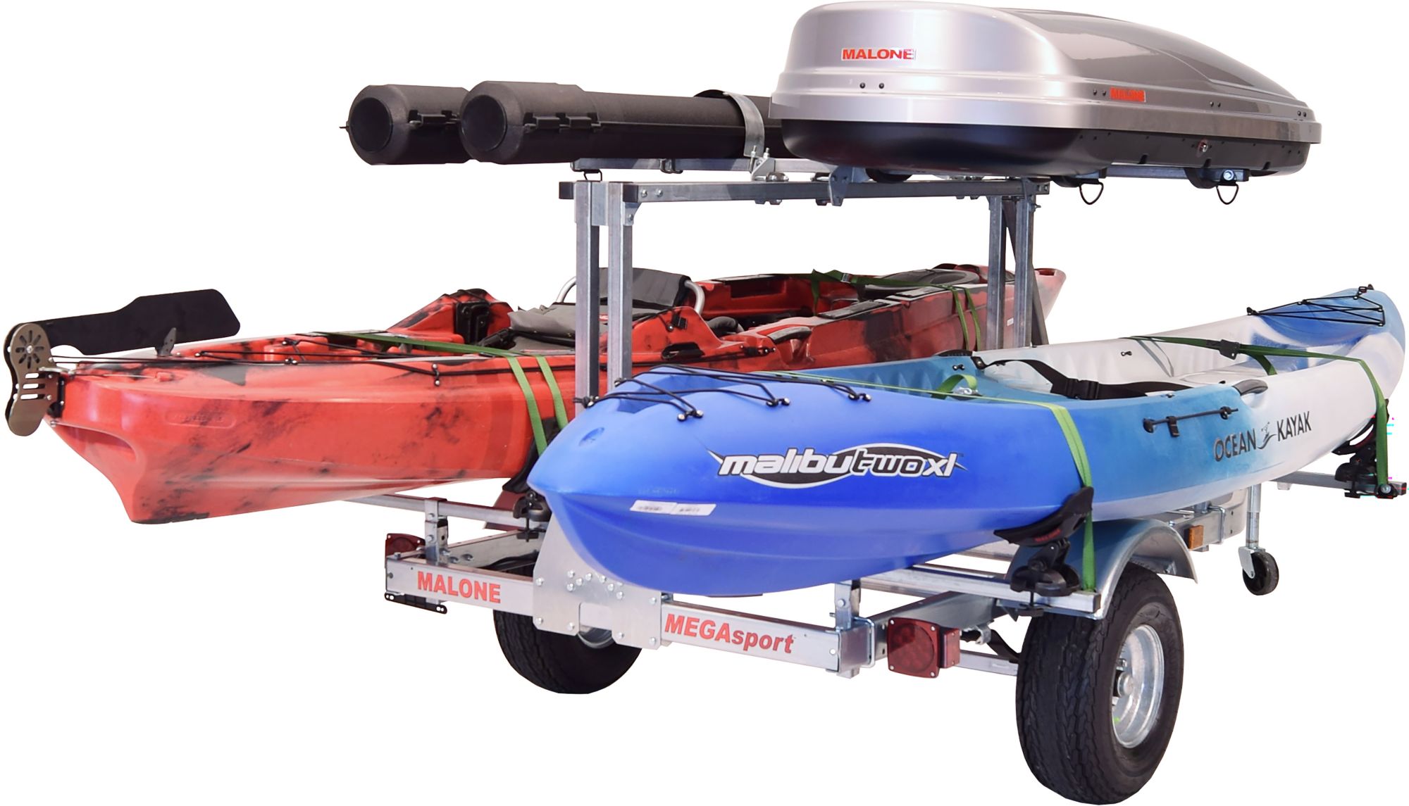 Malone Auto Racks MegaSport LowBed Kayak Trailer with Tier, Spare, 2 sets SaddleUp, Cargo Box, and 2 Rod Tubes product image