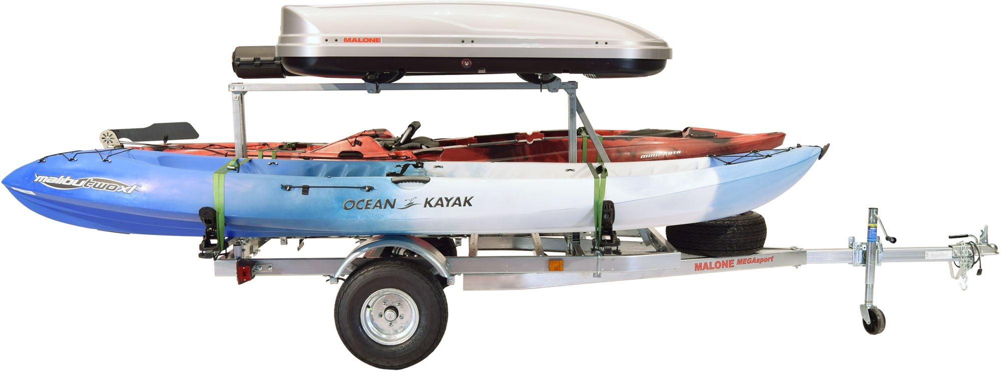 Malone Auto Racks MegaSport LowBed Kayak Trailer with Tier, Spare, 2 sets SaddleUp, Cargo Box, and 2 Rod Tubes product image