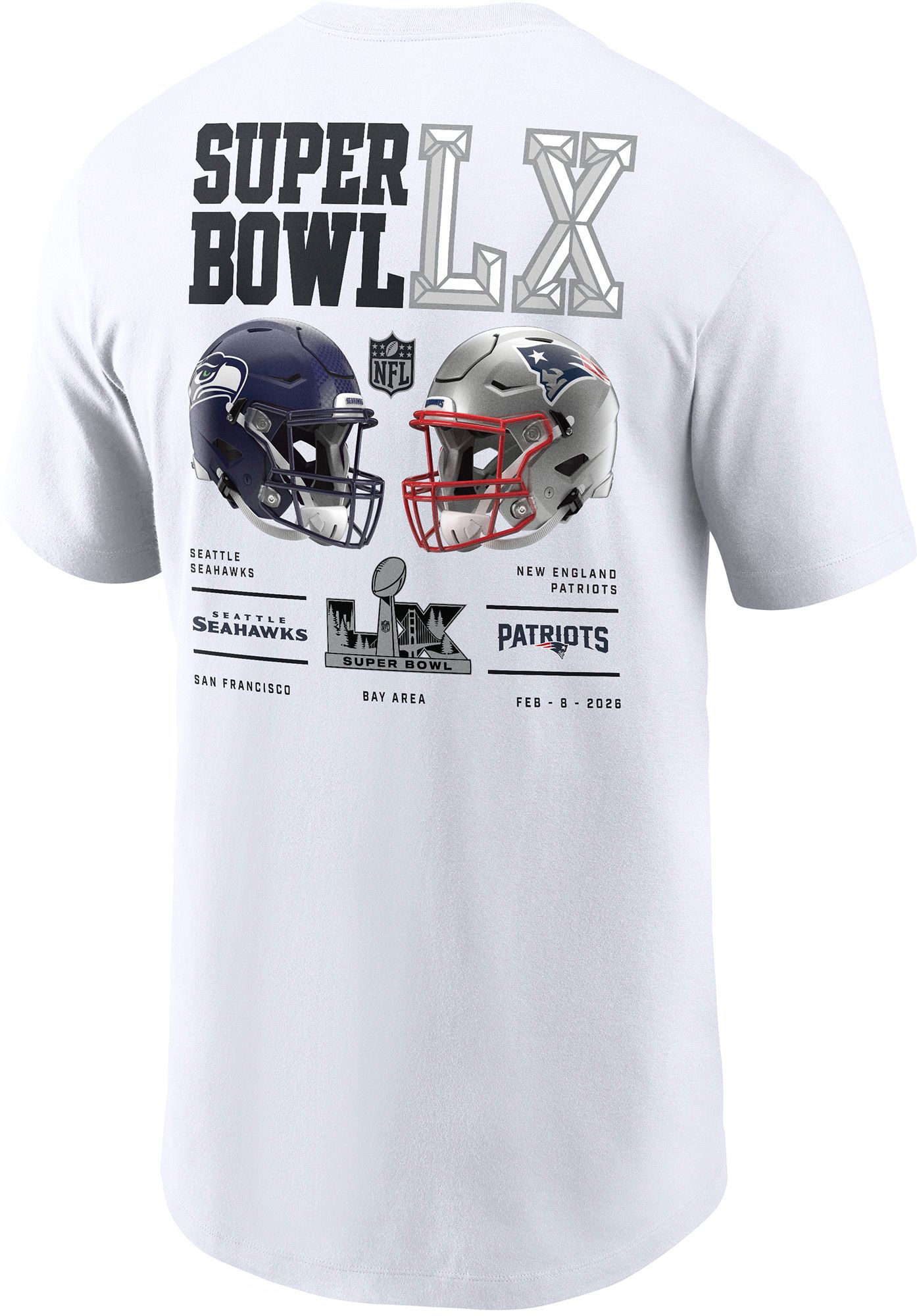 Nike Men's 2025-26 Super Bowl LX Bound New England Patriots Vs. Seattle Seahawks Dueling Helmets T-Shirt product image