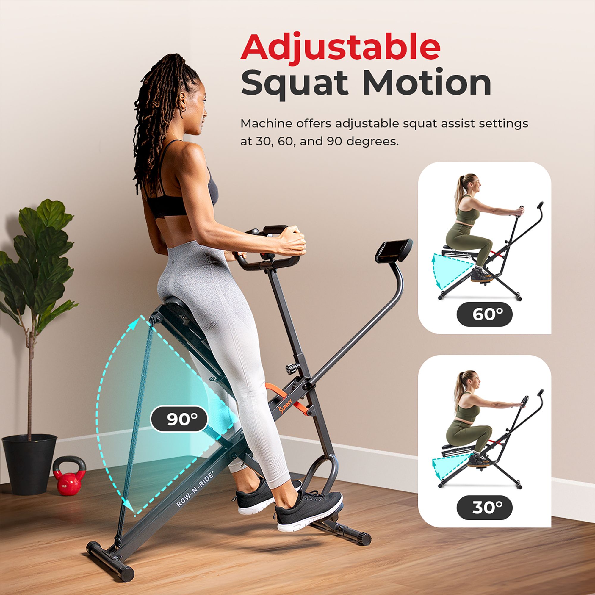 Sunny Health & Fitness Smart Compact Upright Row-N-Ride With Adjustable Squat Motion product image