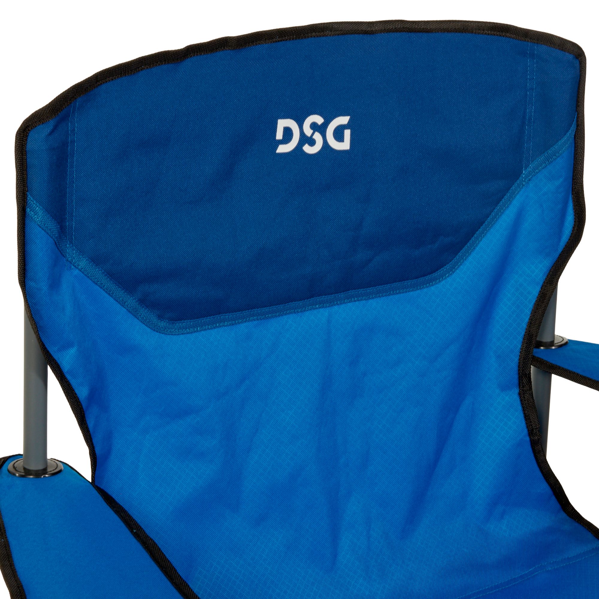 Back view of the blue folding chair.