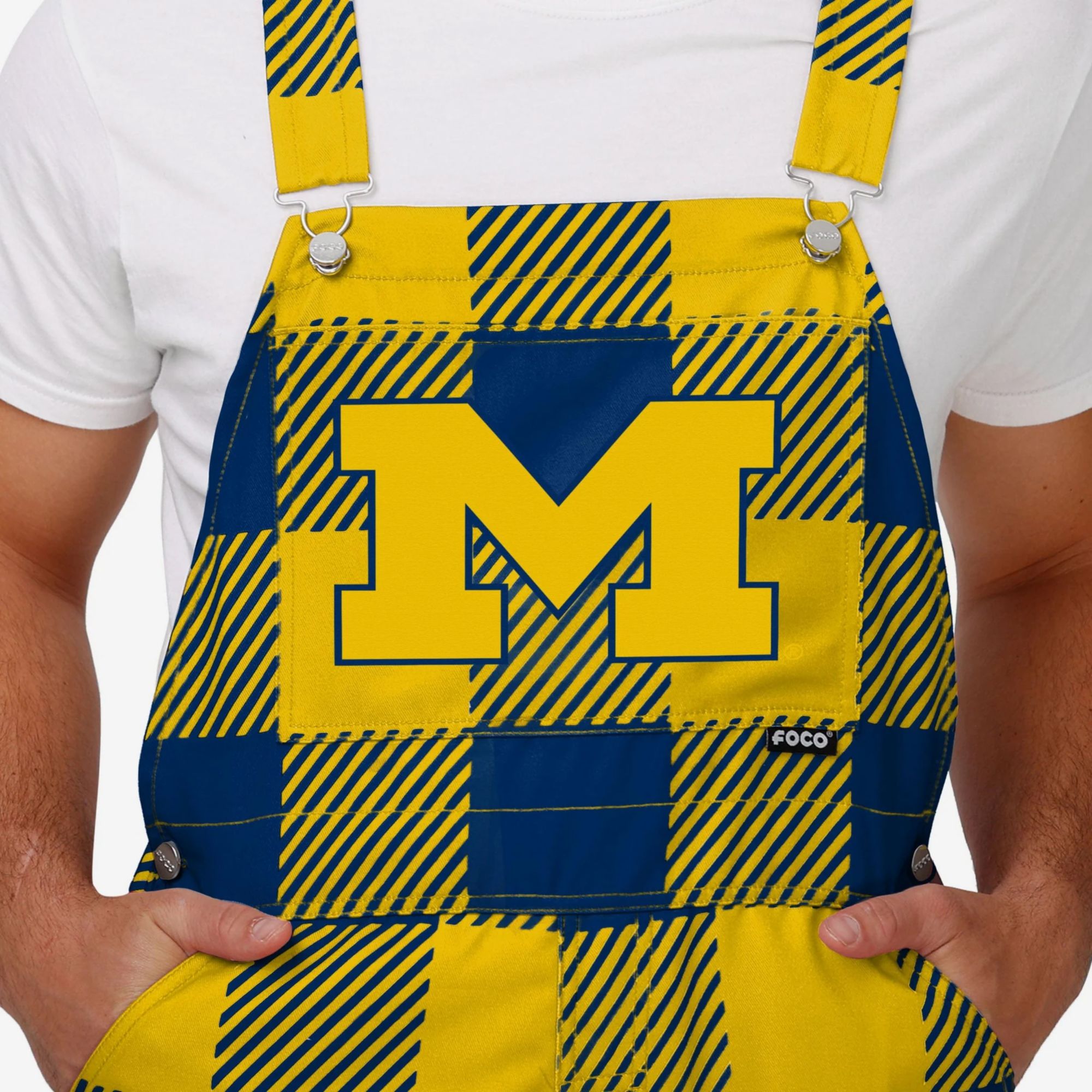 FOCO Adult Michigan Wolverines Blue Plaid Logo Overalls product image