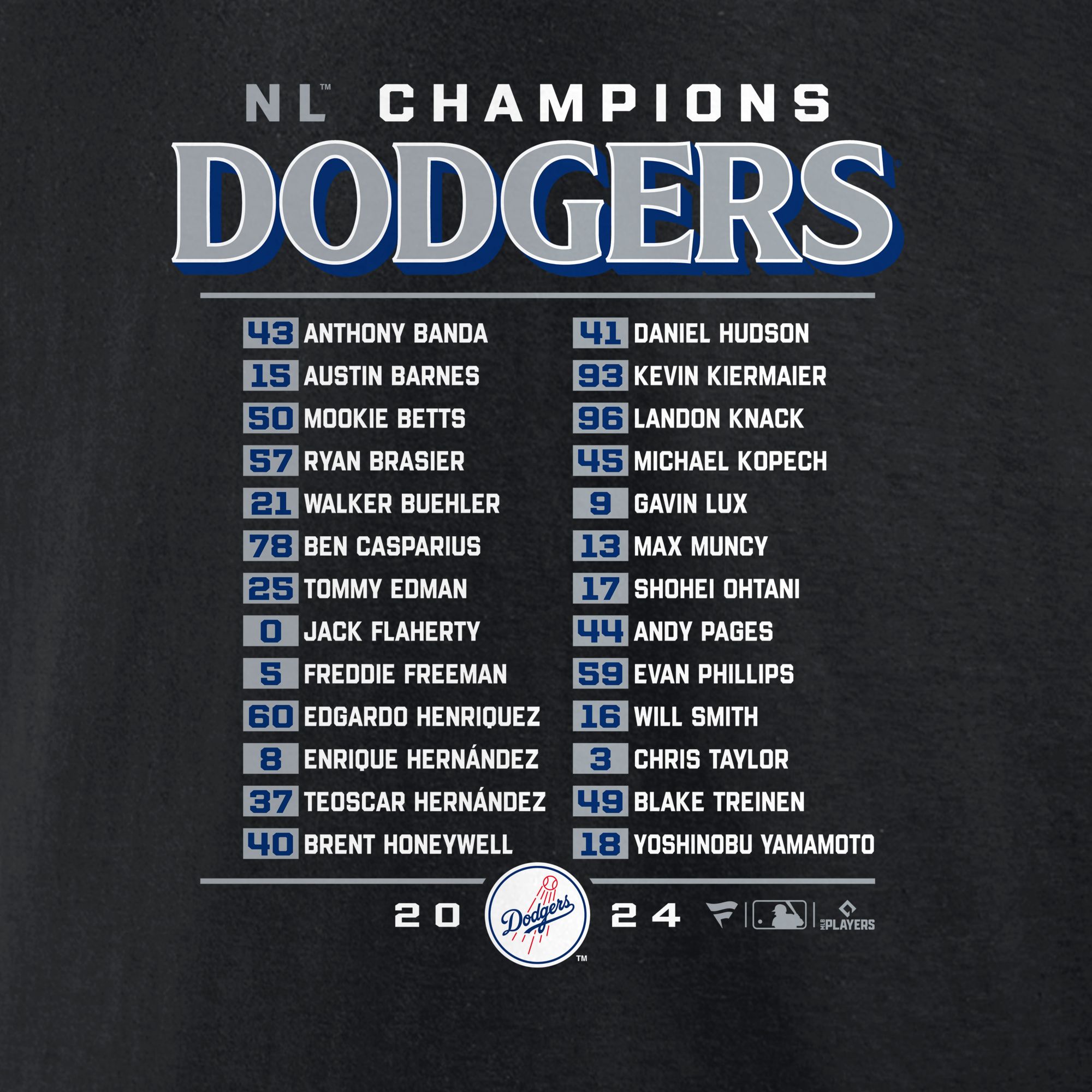 MLB Team Apparel 2025 NLCS Champions Men's Los Angeles Dodgers Roster T