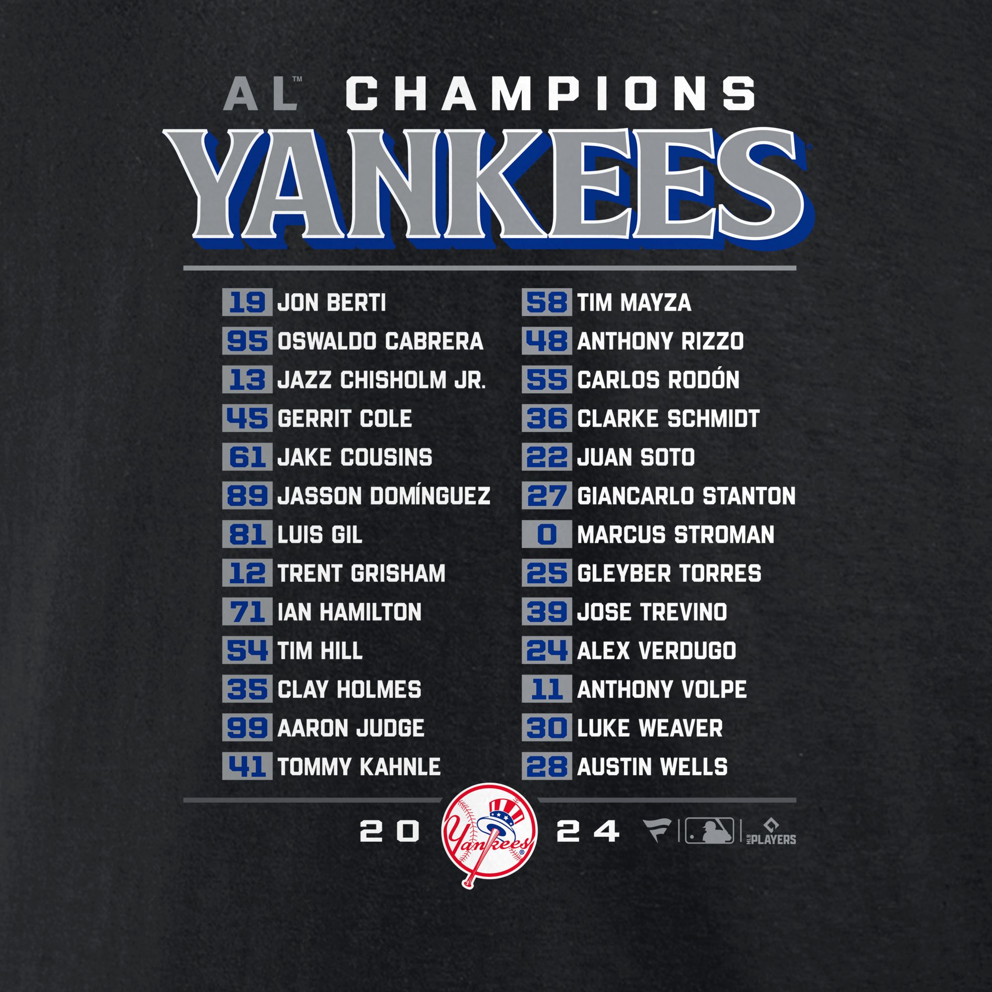 MLB Team Apparel 2024 ALCS Champions Men's New York Yankees Roster T