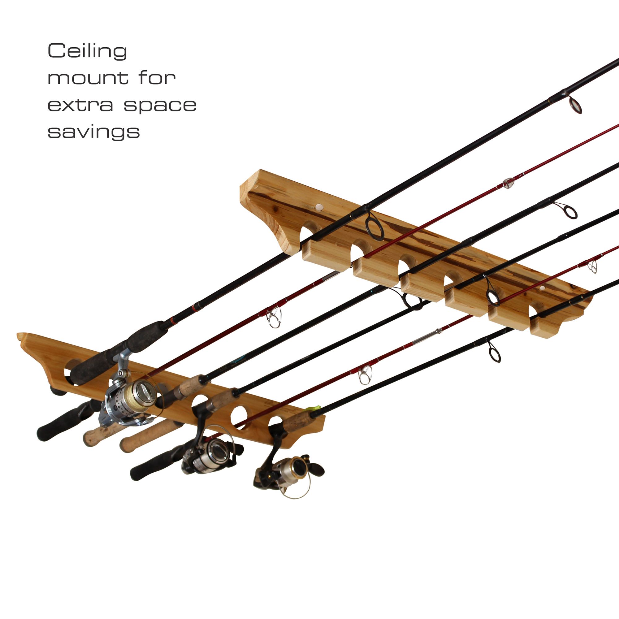 Rush Creek Rustic Wood 6 Fishing Rod Wall and Ceiling Rack product image