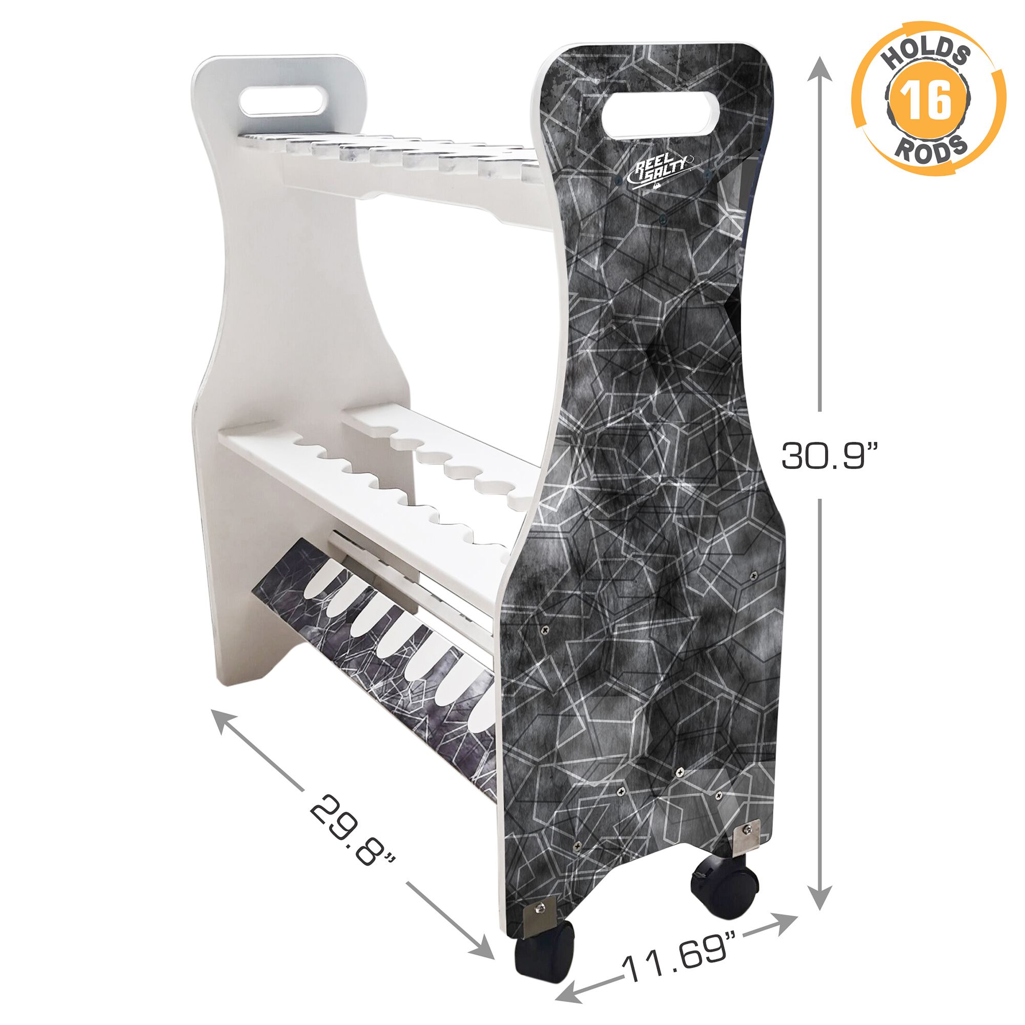 Rush Creek Reel Salty Saltwater 16 Rod Rolling Floor Rack product image