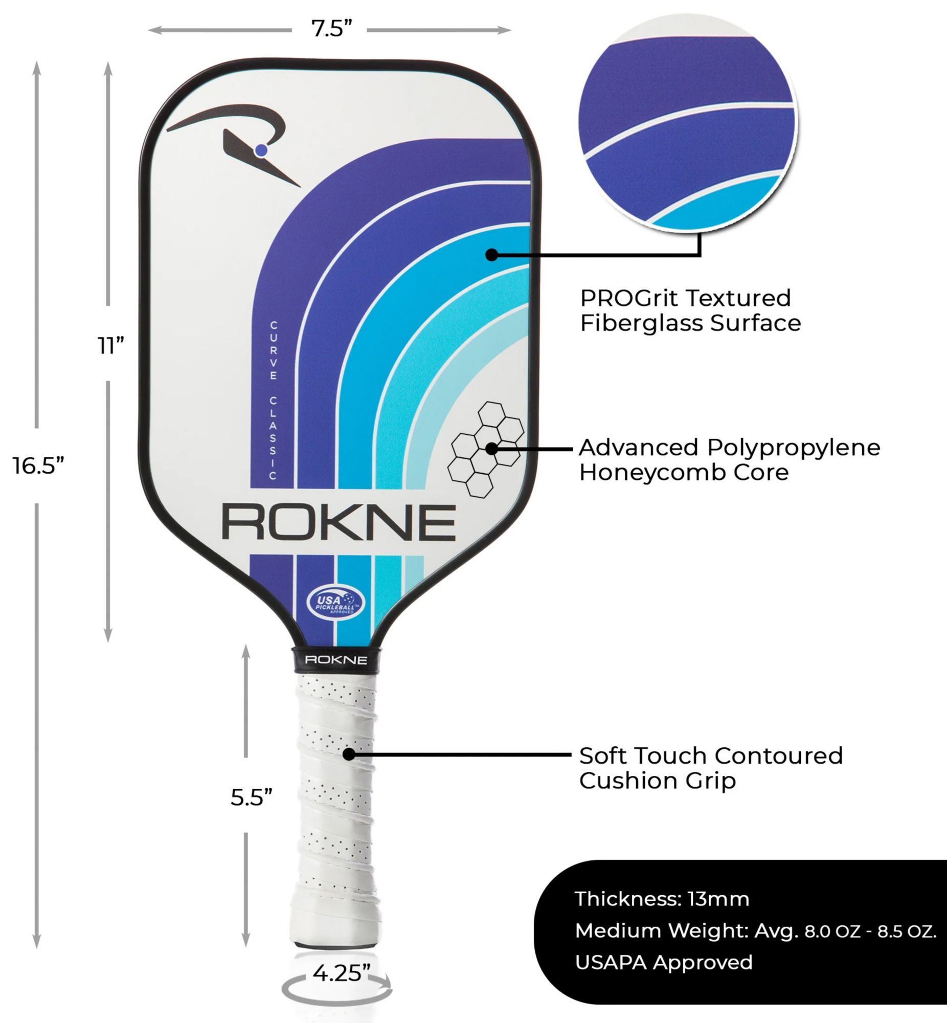 Rokne Curve Classic 13mm Pickleball Paddle product image