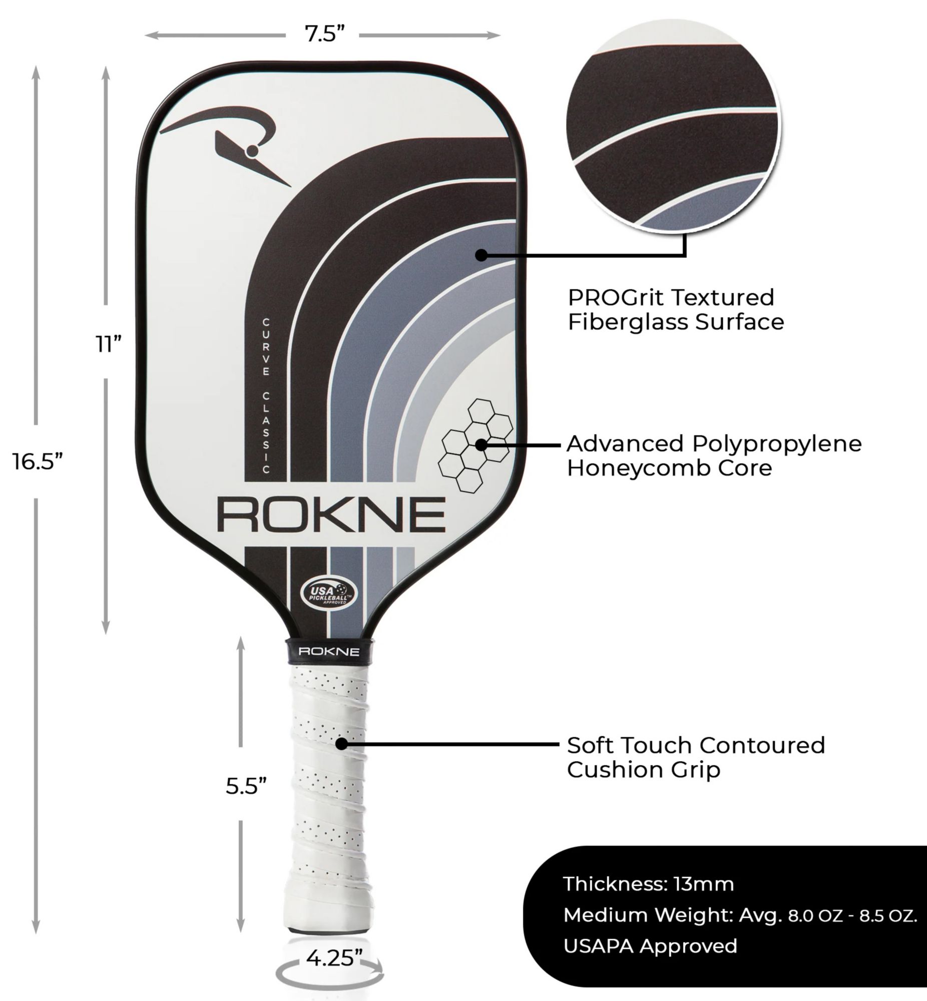 Rokne Curve Classic 13mm Pickleball Paddle product image