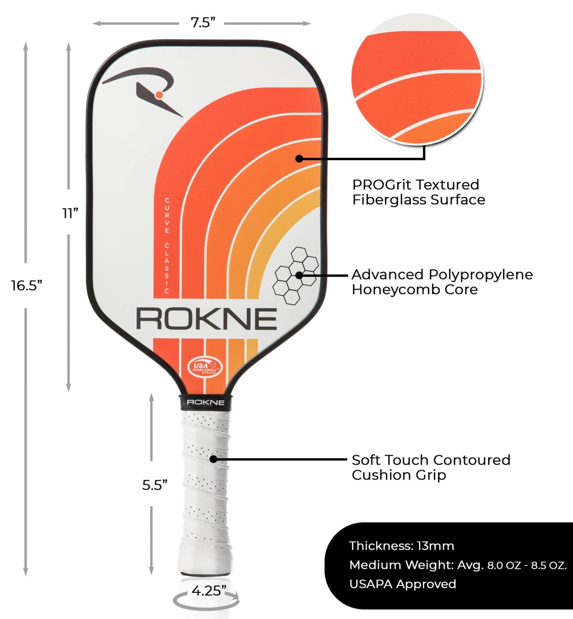 Rokne Curve Classic 13mm Pickleball Paddle product image