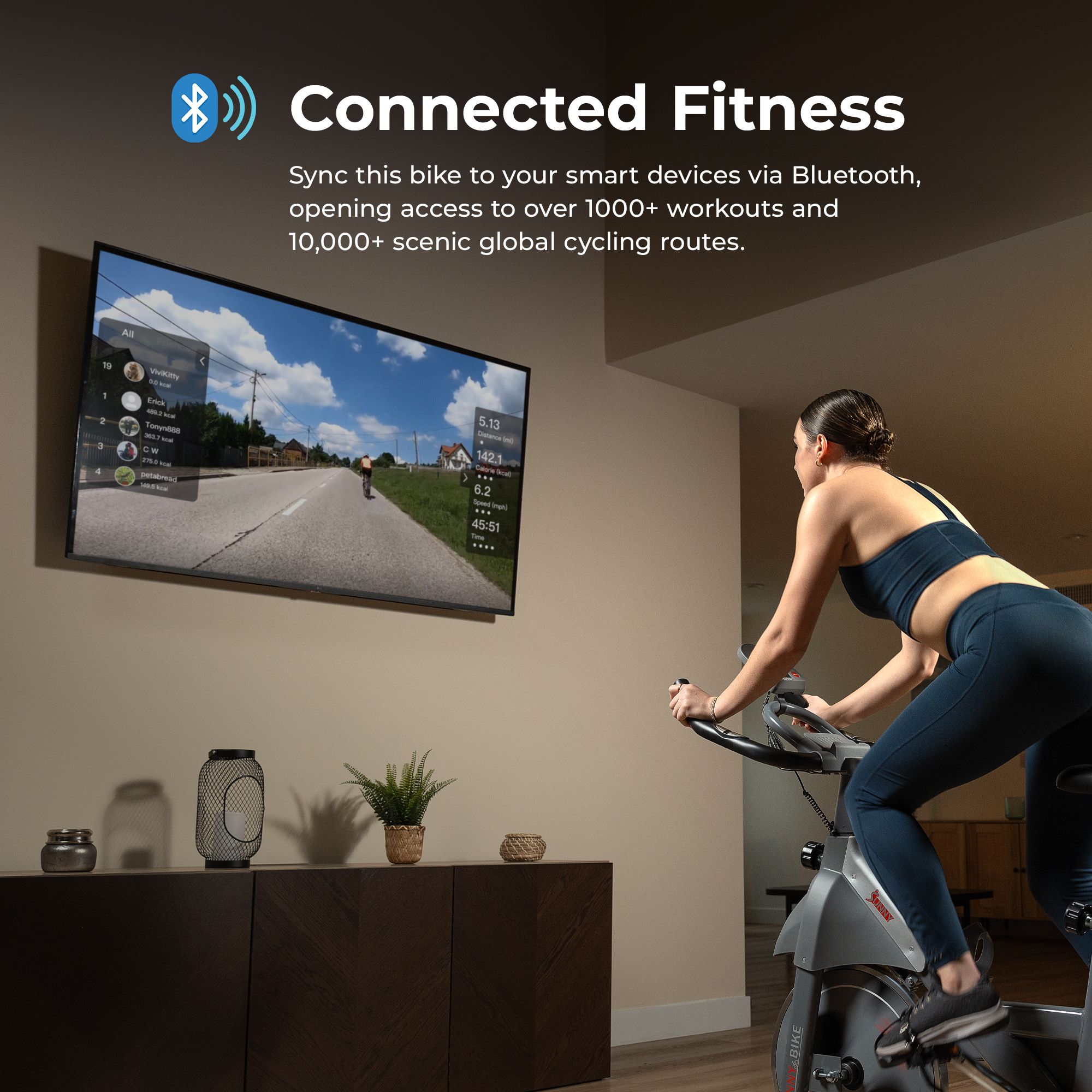 Sunny Health & Fitness Smart Bike with Dumbbell Holder product image