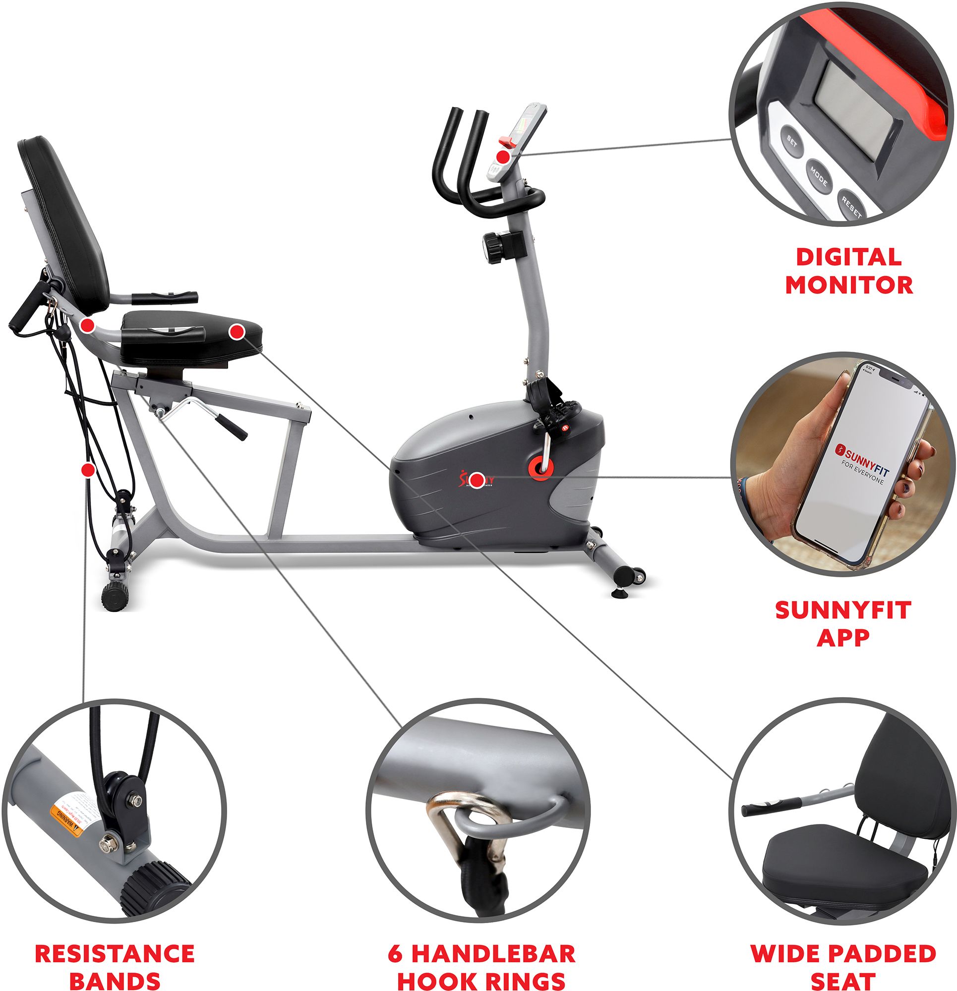 Sunny Health & Fitness Smart Recumbent Bike With Resistance Bands product image