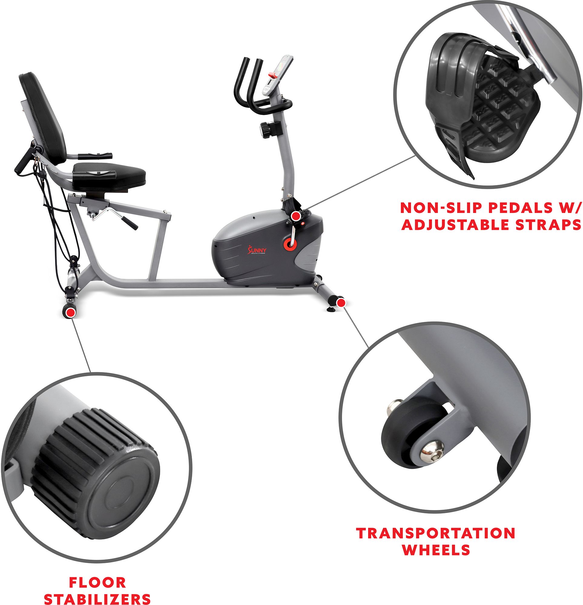 Sunny Health & Fitness Smart Recumbent Bike With Resistance Bands product image
