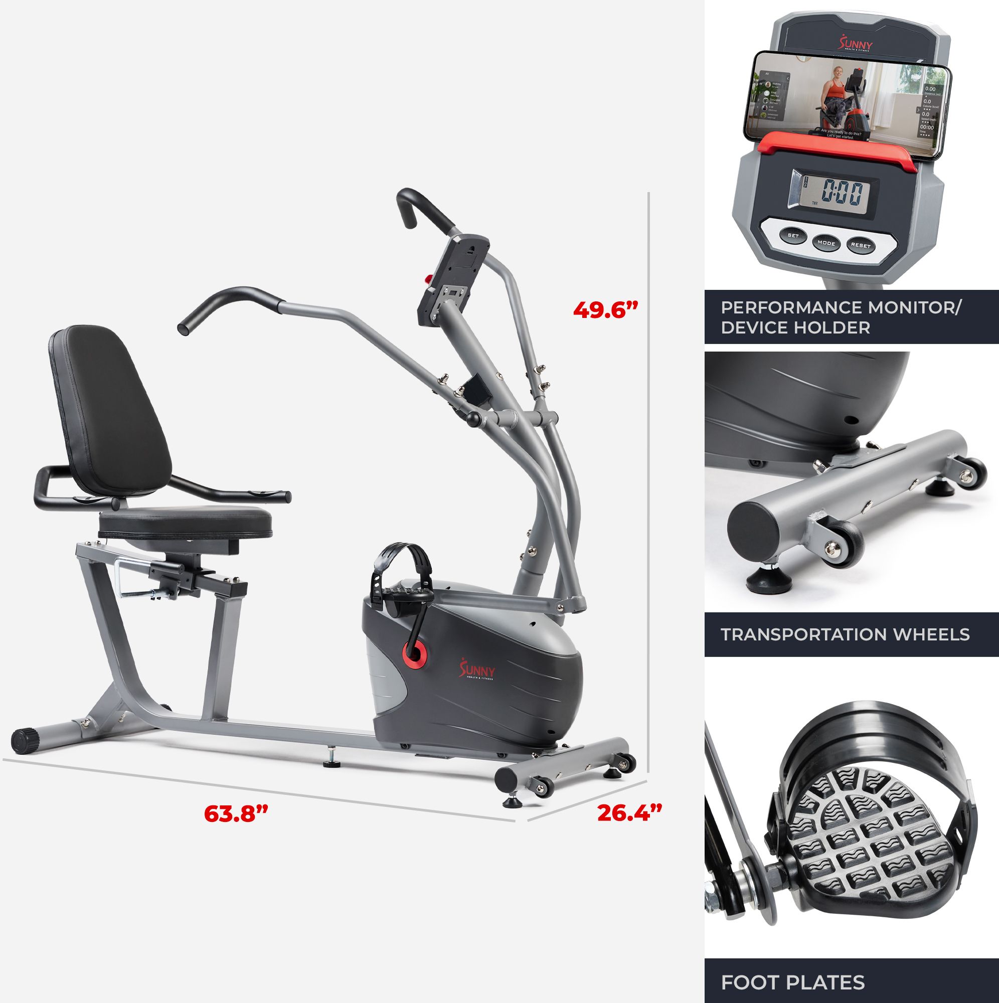 Sunny Health & Fitness Smart Magnetic Recumbent Bike With Arm Excercisers product image
