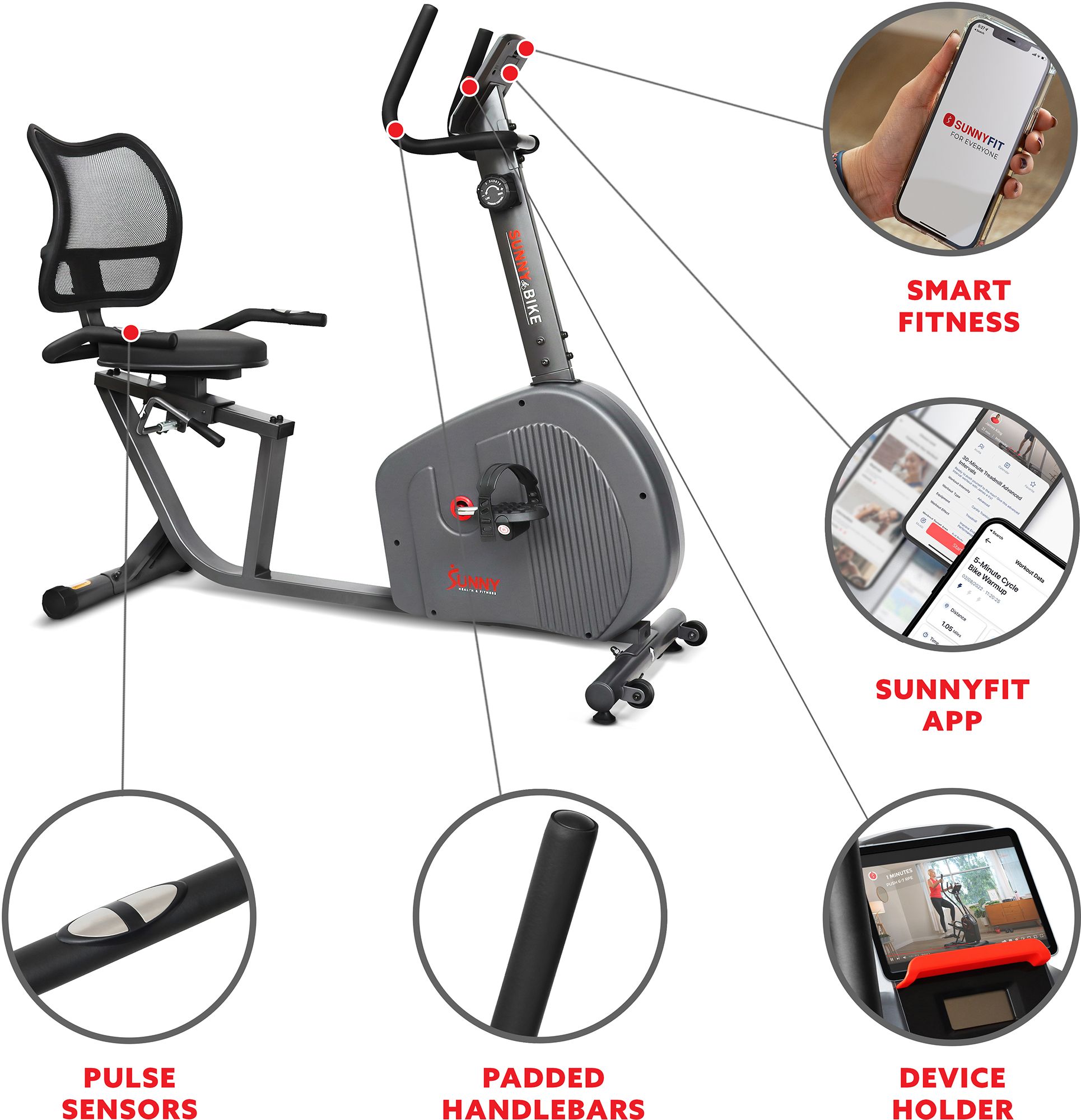 Sunny Health and Fitness Endurance Smart Recumbent Bike product image