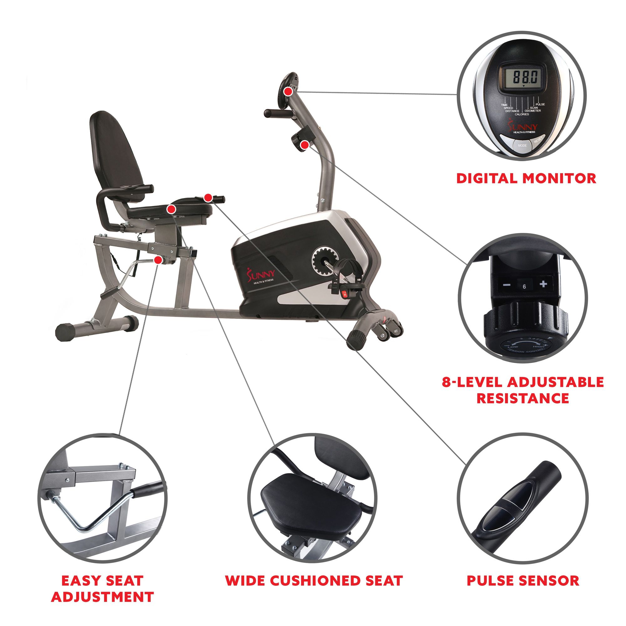 Sunny Health & Fitness SF-RB4616 Easy Adjustable Seat Recumbent Bike product image