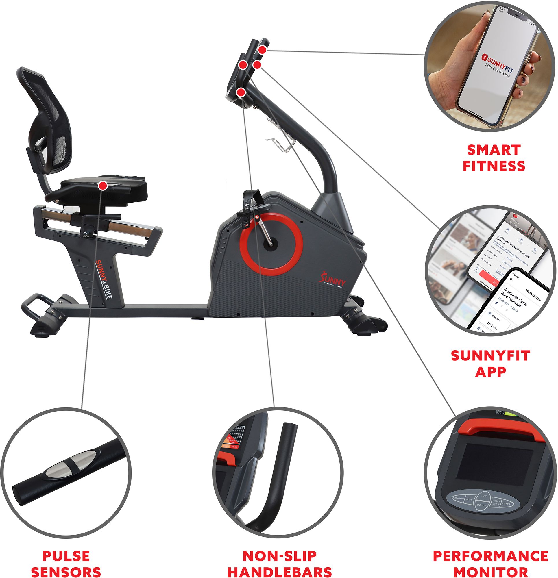 Sunny Health and Fitness Premium Smart Recumbent Bike