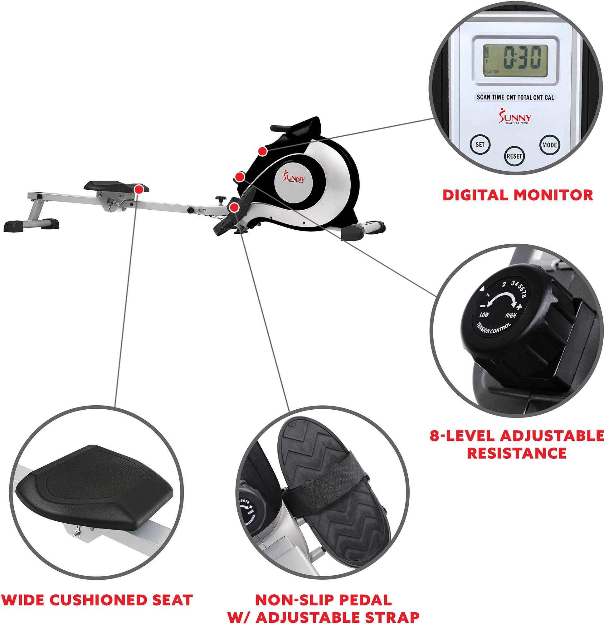 Sunny Health & Fitness Magnetic Rower Machine, Silver product image