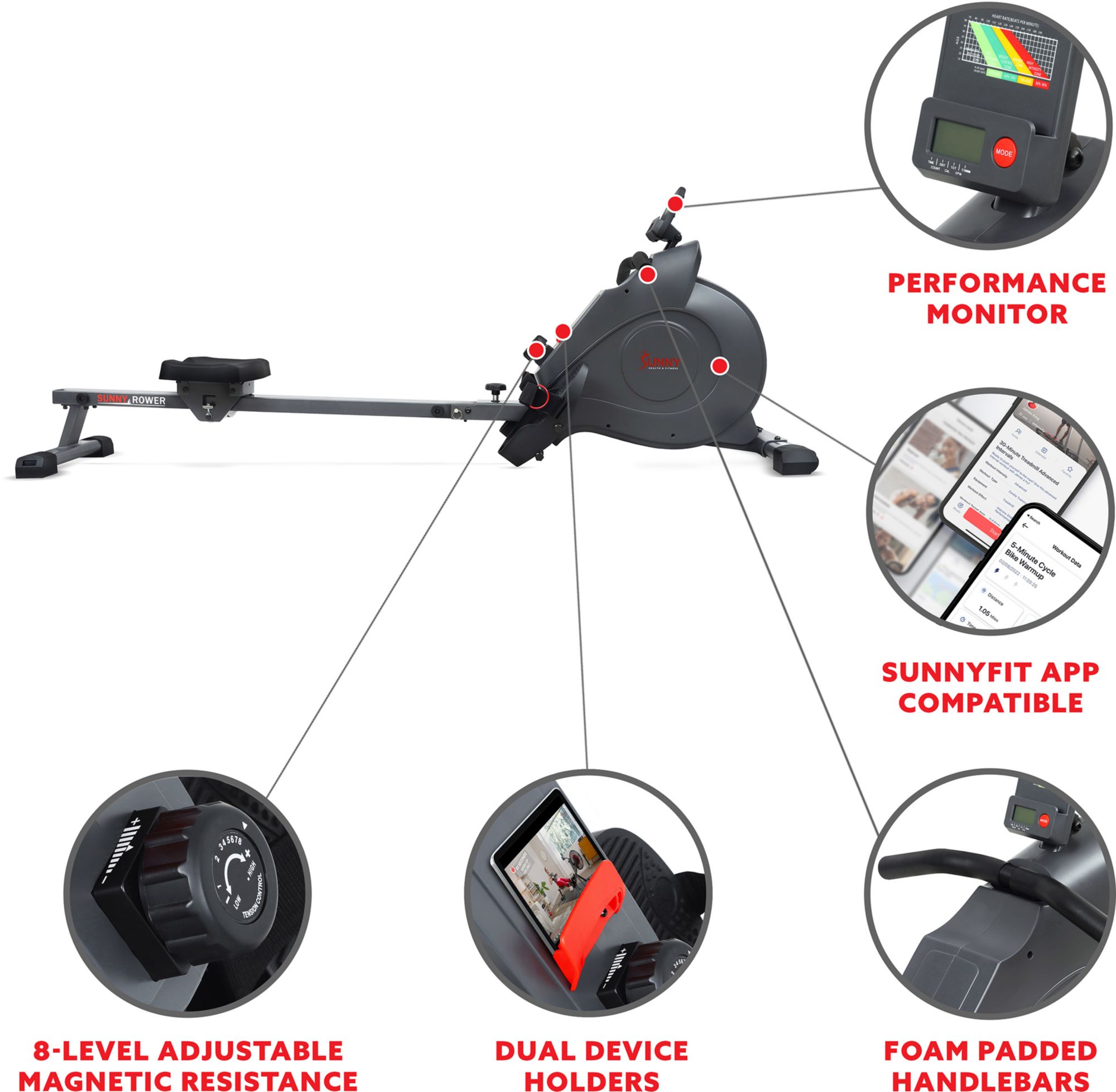Sunny Health & Fitness Smart Magnetic Rowing Machine With Extended Slide Rail product image