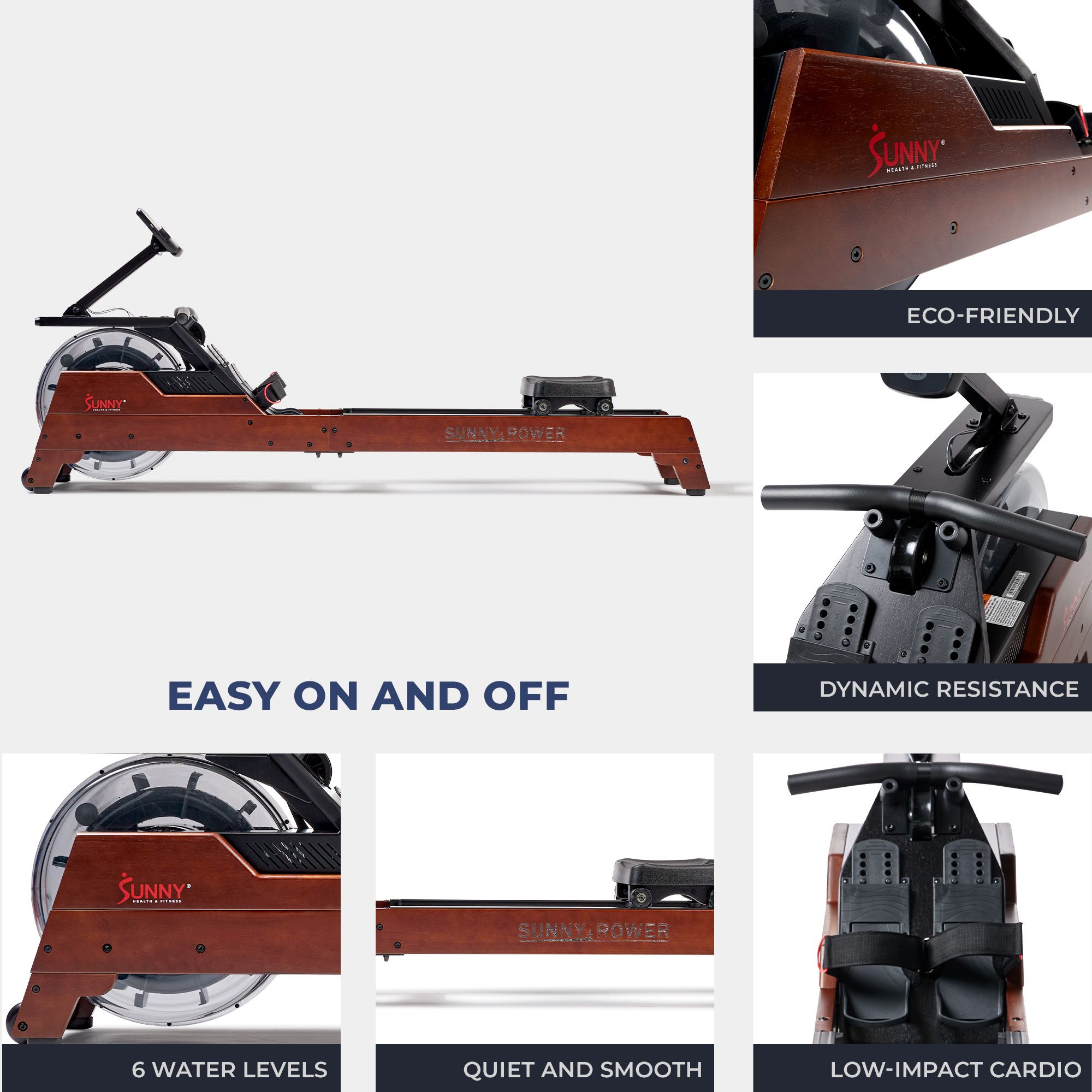 Sunny Health & Fitness Vertical Hydro Wooden Water Rowing Machine product image