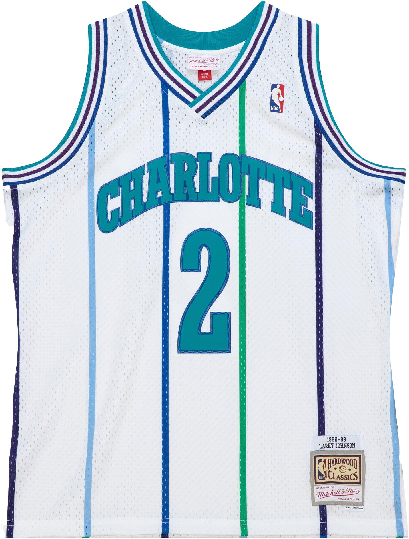 Mitchell & Ness Men's 1992 Charlotte Hornets Larry Johnson #2 White Hardwood Classics Swingman Jersey product image