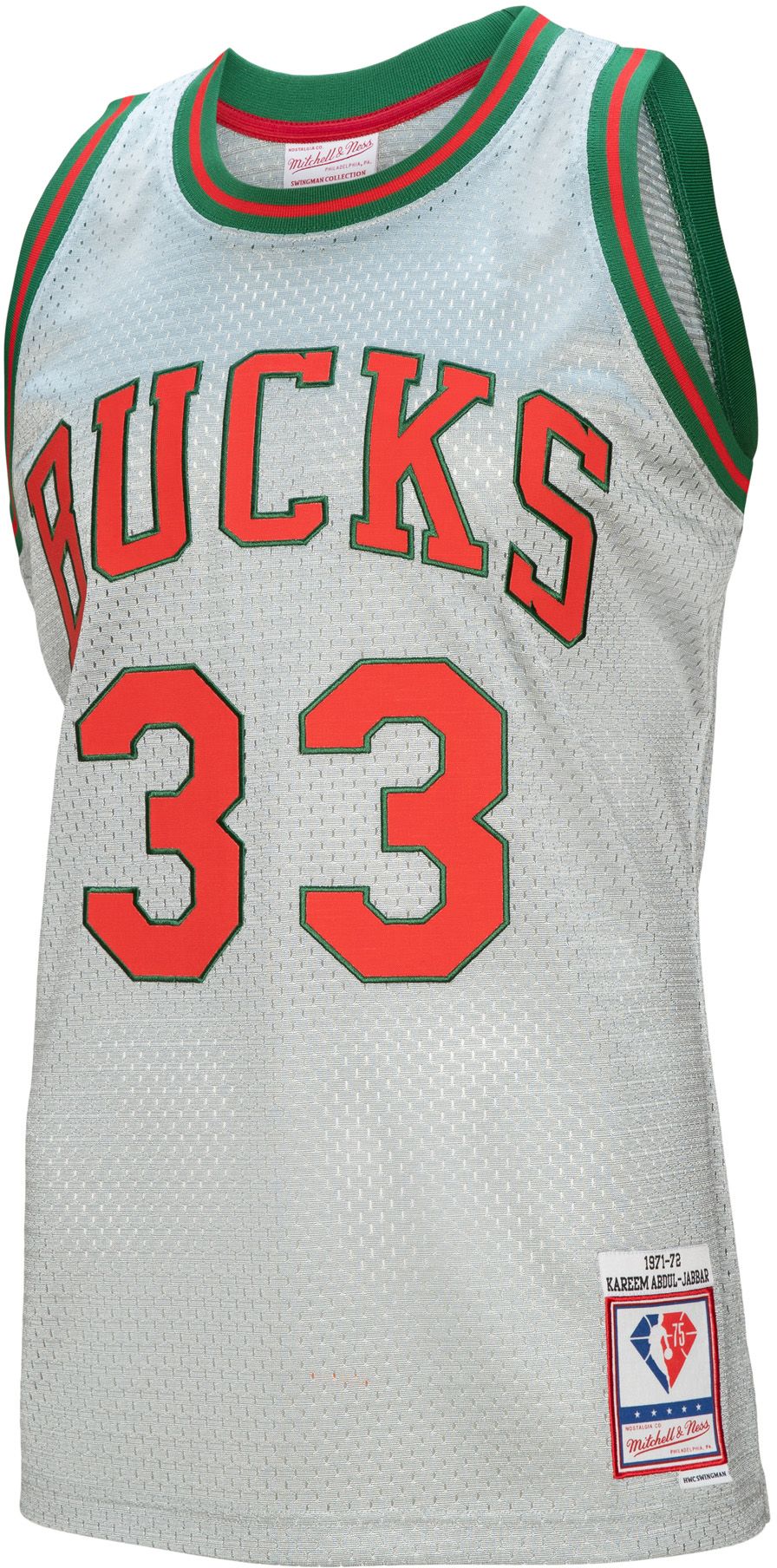 Mitchell & Ness Men's 1971 Milwaukee Bucks Kareem Abdul-Jabbar NBA 75th Anniversary Silver Swingman Jersey product image