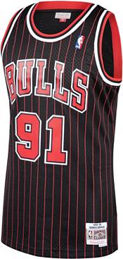 Bulls #91 Dennis Rodman Black Pinstripe Hardwood