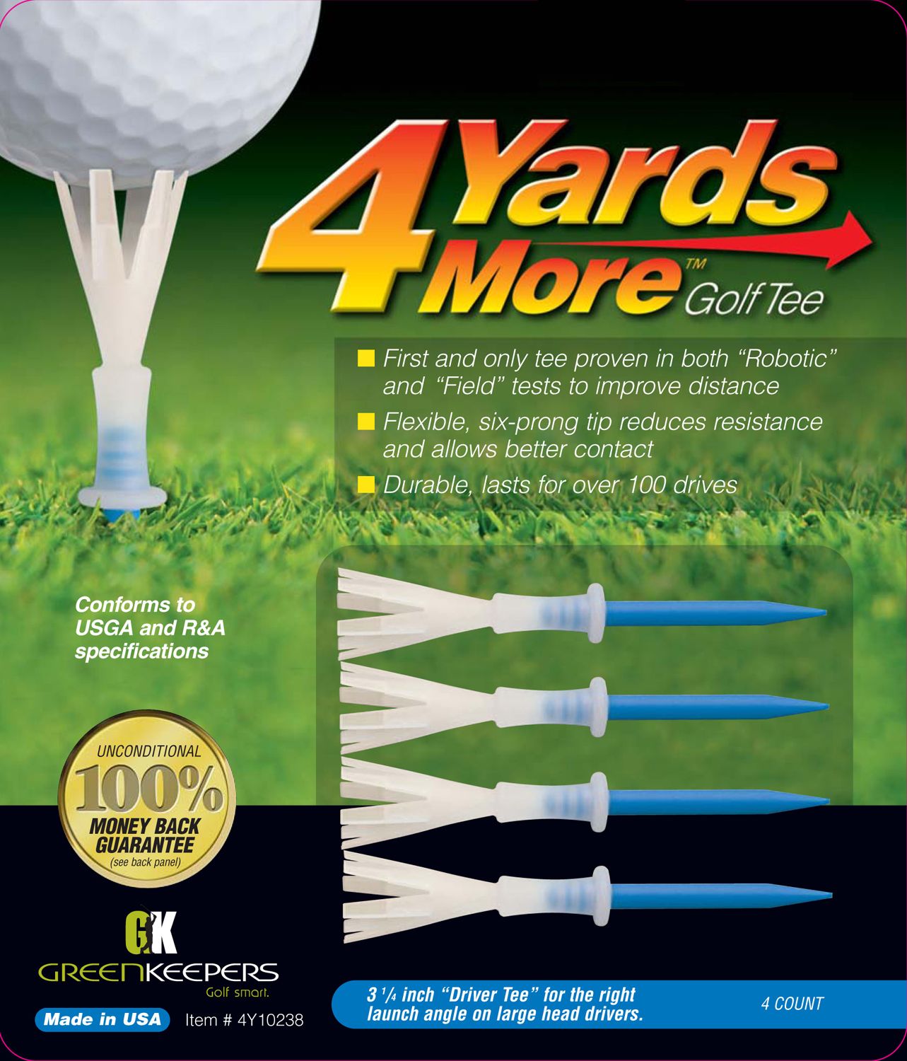 GreenKeepers 3.25” 4 More Yards Golf Tees – 4-Pack