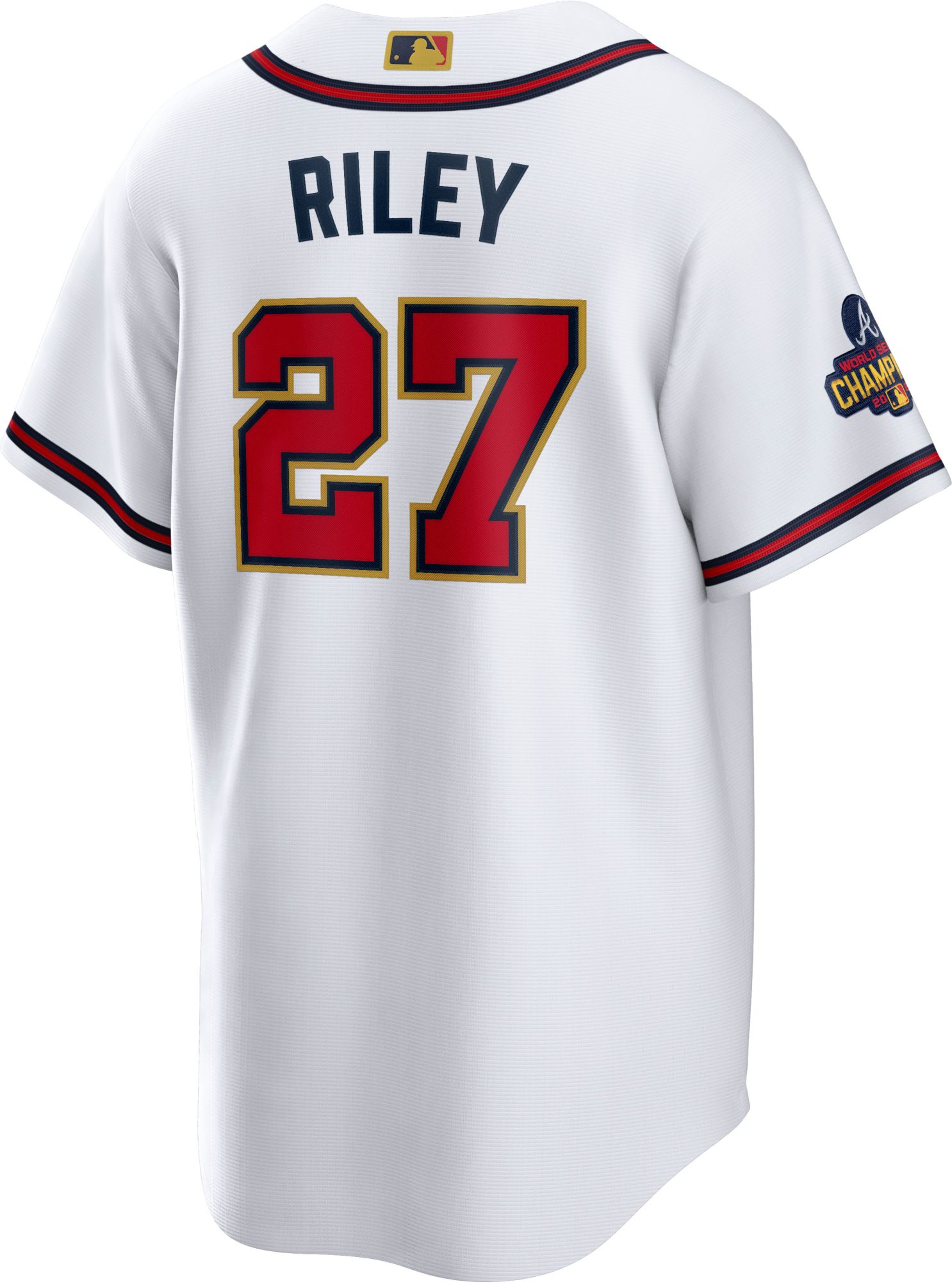 Nike Men's Atlanta Braves Austin Riley #27 2022 Gold Collection White Cool Base Jersey product image