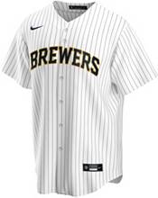 Nike Men's Replica Milwaukee Brewers Christian Yelich #22 Cool Base Pinstripe White Jersey product image