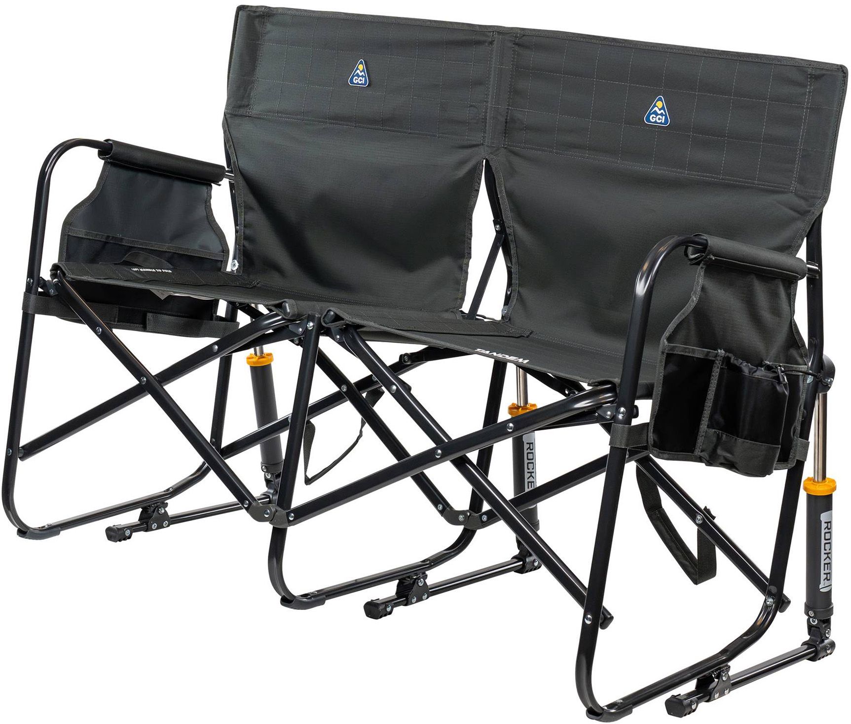 Black tandem rocker with fabric seat and side pockets.