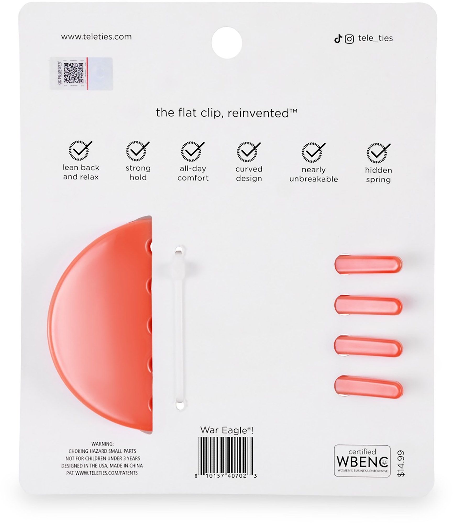 Teleties Women's Auburn Tigers Orange Medium Flat Clip product image