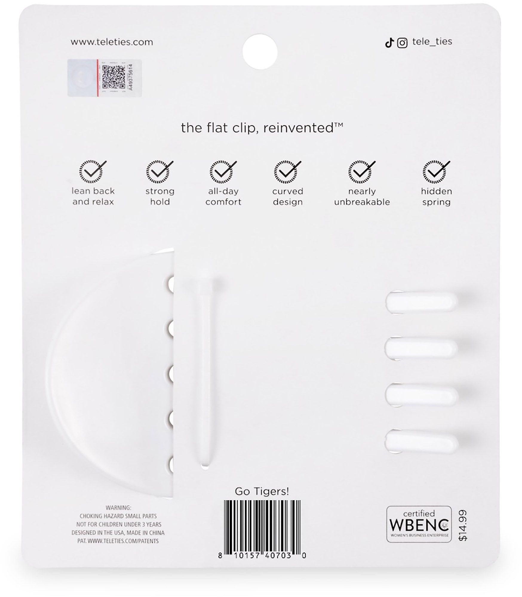 Teleties Women's Clemson Tigers White Medium Flat Clip product image