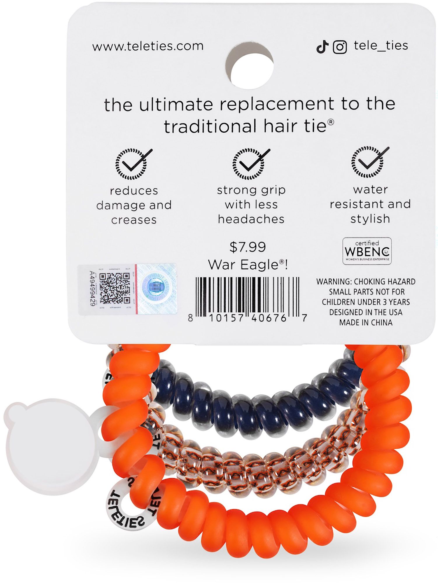 Teleties Women's Auburn Tigers Orange Small Hair Ties product image