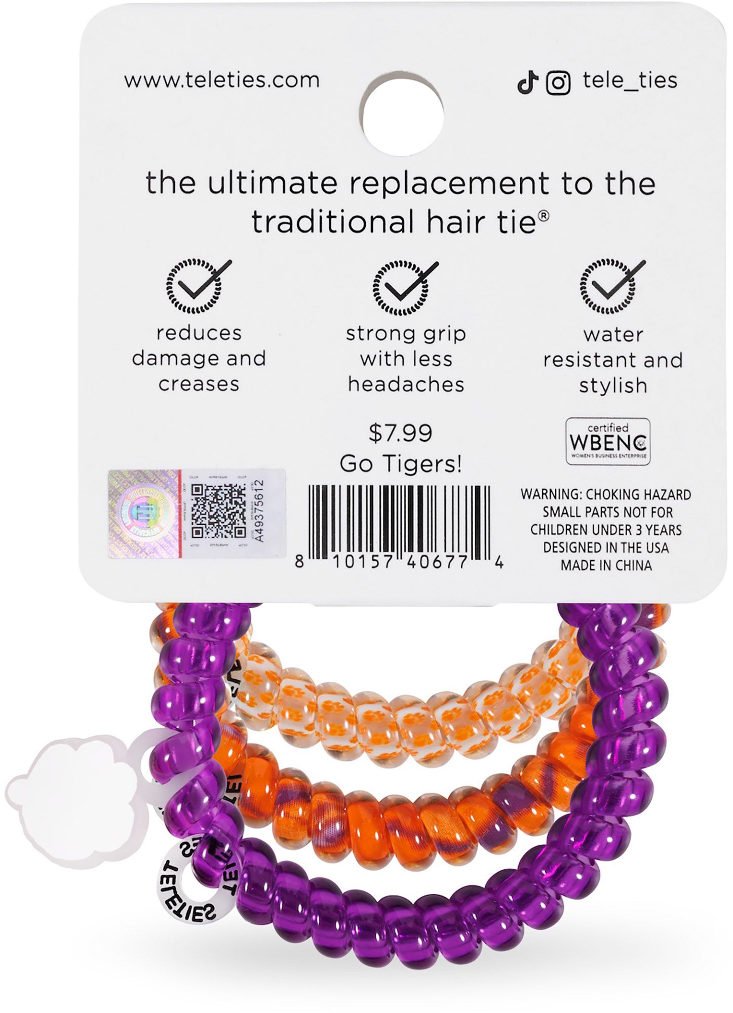 Teleties Women's Clemson Tigers Orange Small Hair Ties product image