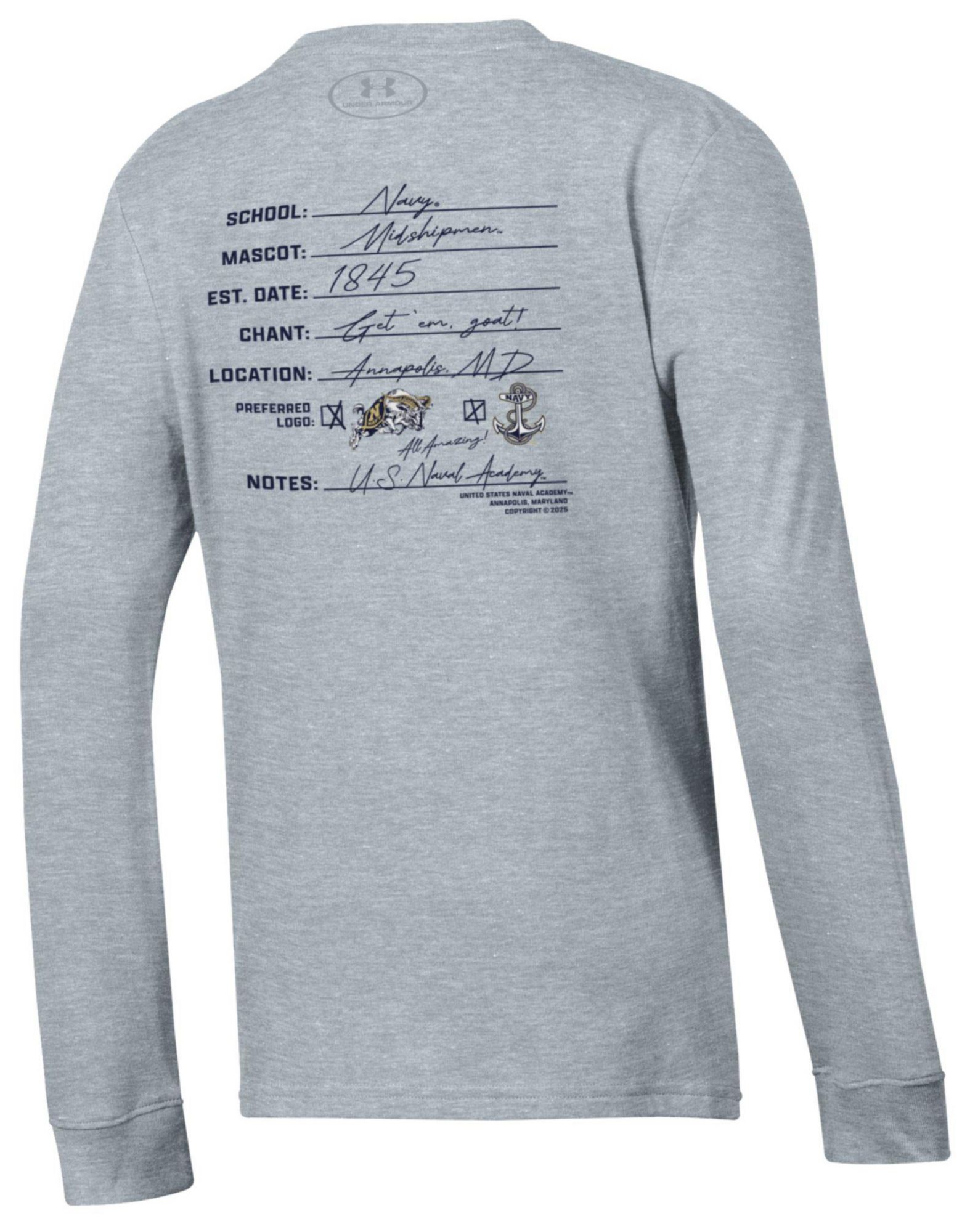 Under Armour Youth Navy Midshipmen Grey Performance Cotton Long Sleeve T-Shirt product image