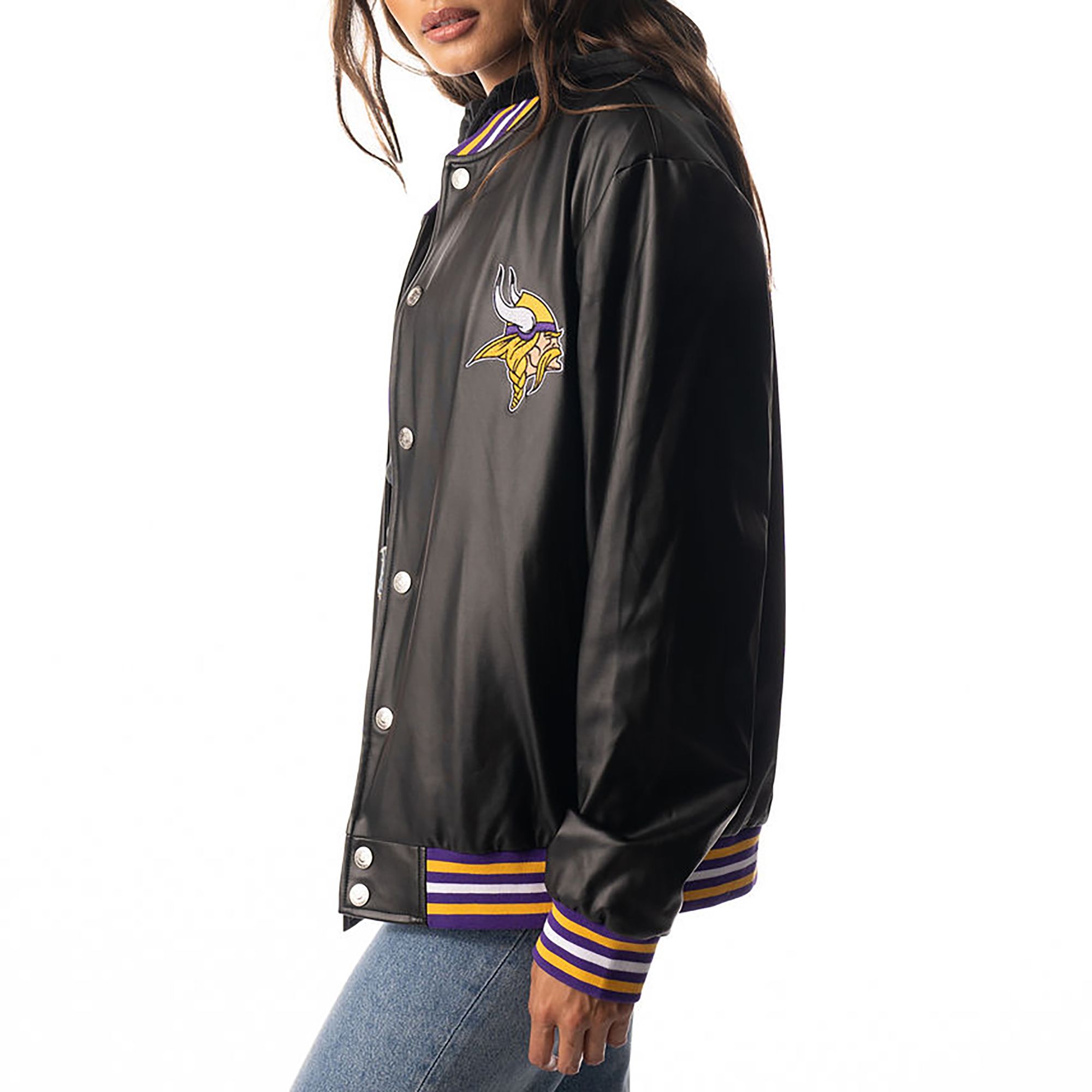 The Wild Collective Women's Minnesota Vikings Black Snap Bomber Jacket