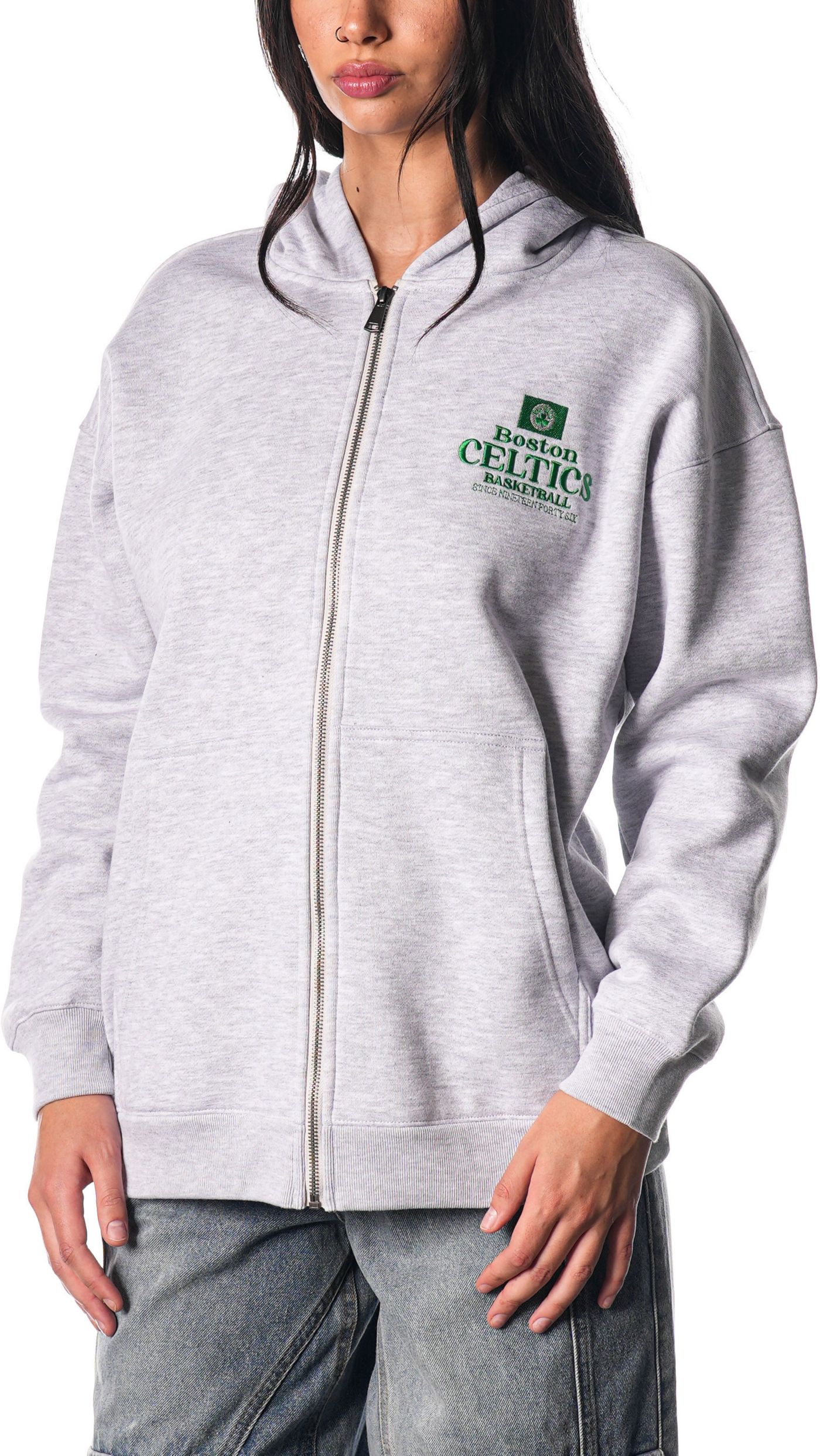 The Wild Collective Women s Boston Celtics Flower Grey Full Zip Hoodie Large Gray